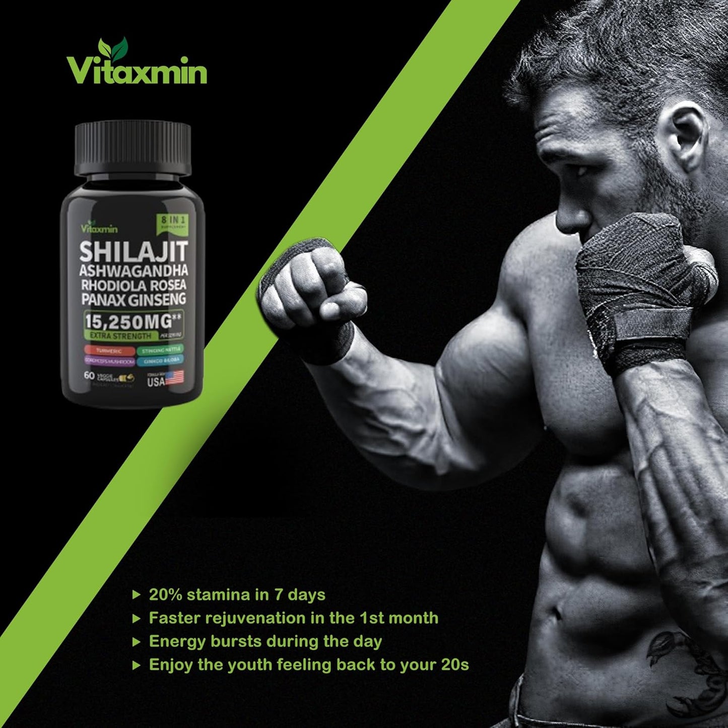 8-in-1 Herbal Multivitamin Capsules with Shilajit and Ashwagandha for Men and Women, Including Rhodiola Rosea, Ginseng, and Nettle