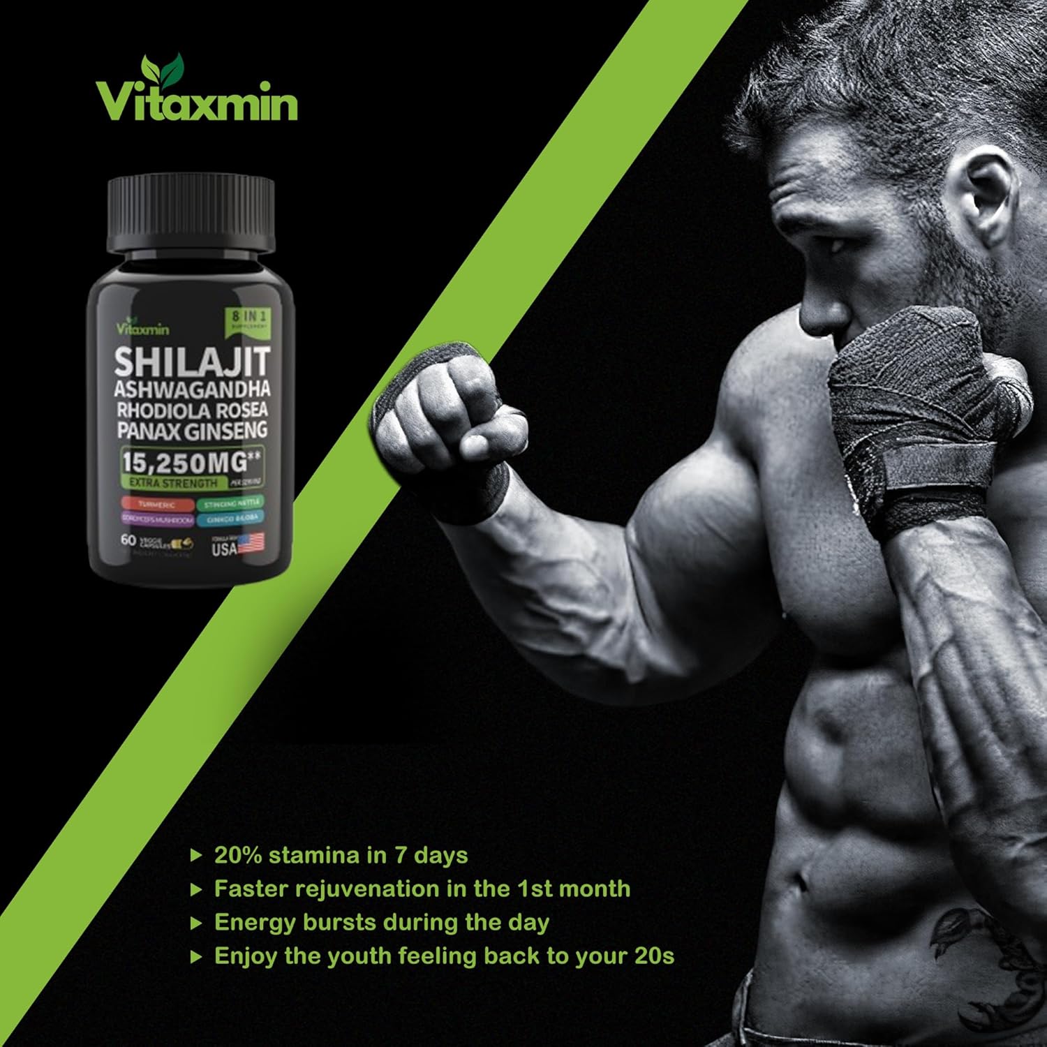 8-in-1 Herbal Multivitamin Capsules with Shilajit and Ashwagandha for Men and Women, Including Rhodiola Rosea, Ginseng, and Nettle