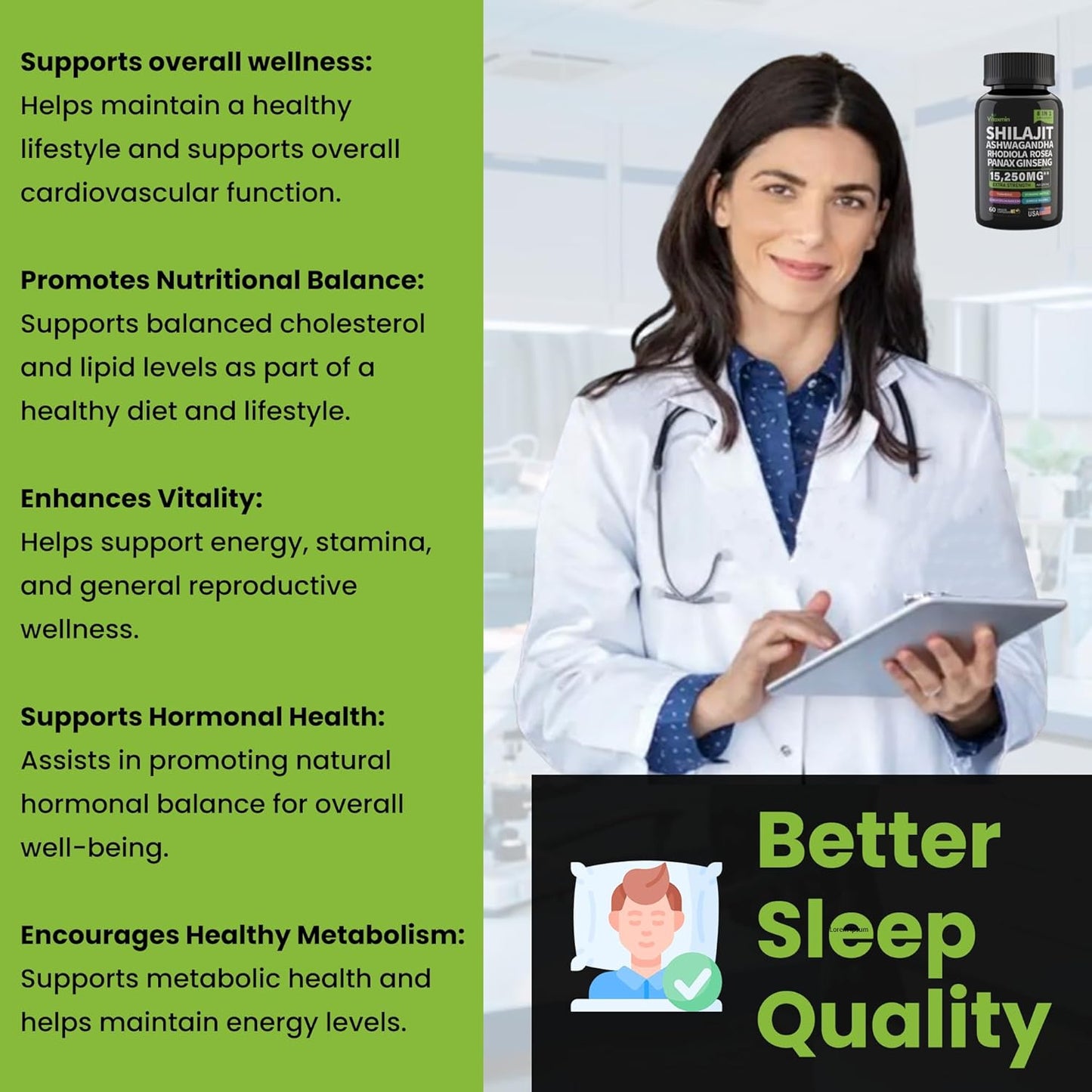 8-in-1 Herbal Multivitamin Capsules with Shilajit and Ashwagandha for Men and Women, Including Rhodiola Rosea, Ginseng, and Nettle