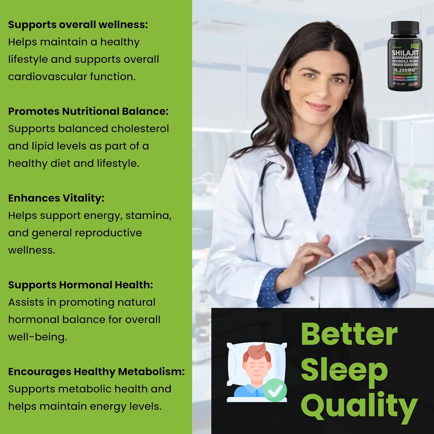 8-in-1 Herbal Multivitamin Capsules with Shilajit and Ashwagandha for Men and Women, Including Rhodiola Rosea, Ginseng, and Nettle