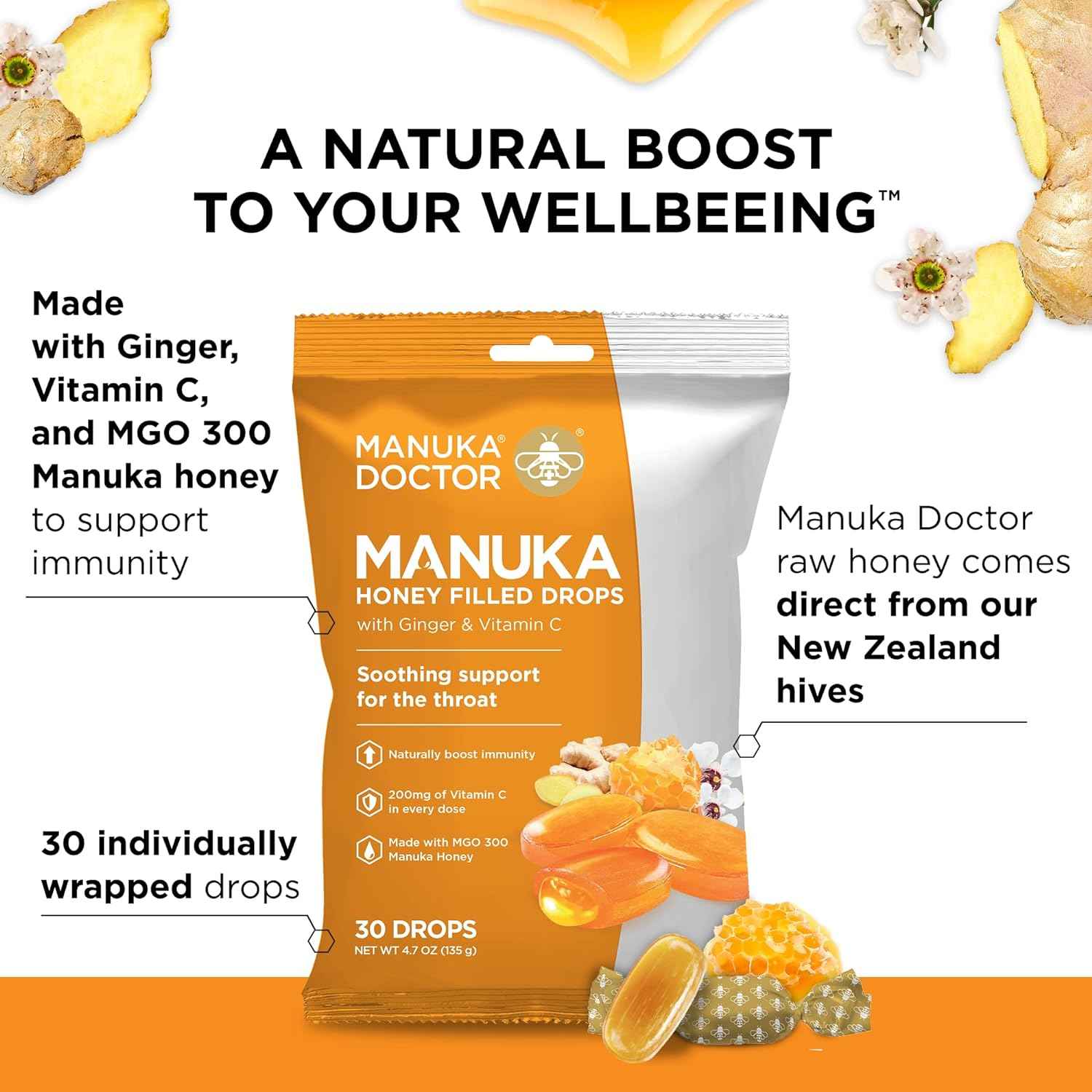 Manuka Doctor Manuka Middles Cough Drops - 4.7 oz Throat Lozenges with Raw Manuka Honey, Vitamin C, Ginger - Immune Support & Sore Throat Relief