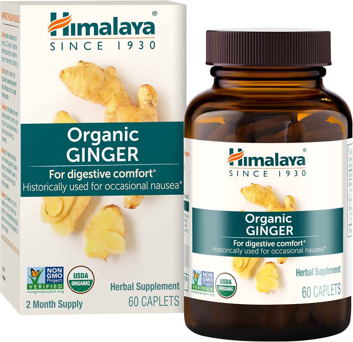 Organic Himalaya Ginger Supplement for Nausea, Gas, Upset Stomach - 60 Caplets, 2 Month Supply - Equivalent to 4,766 mg Ginger Powder - Natural Relief