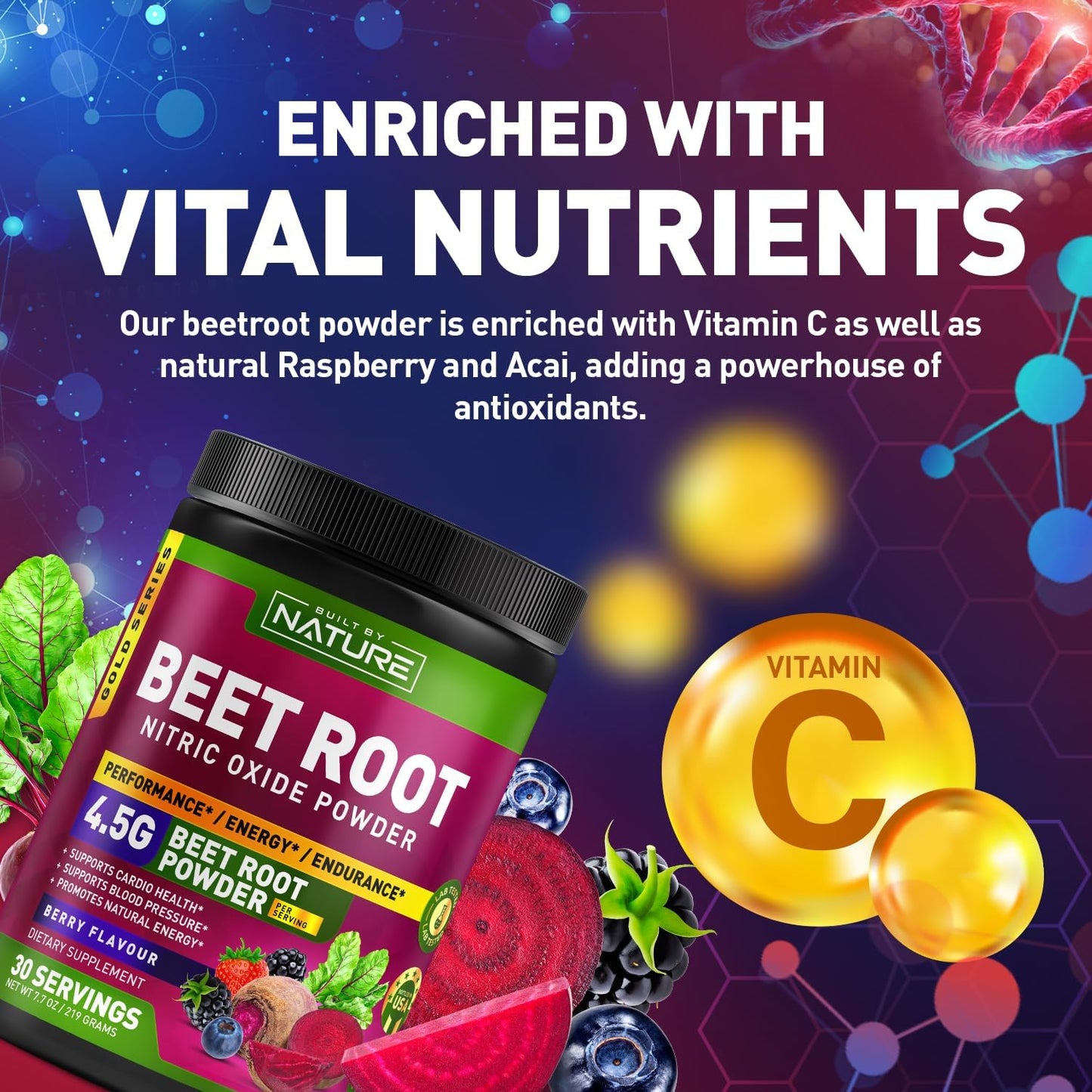 Organic Beet Root Nitric Oxide Powder Supplement - Vegan Superfood Booster for Circulation, Energy & Heart Health - Berry Flavor - 30 Servings - Espot.com.au