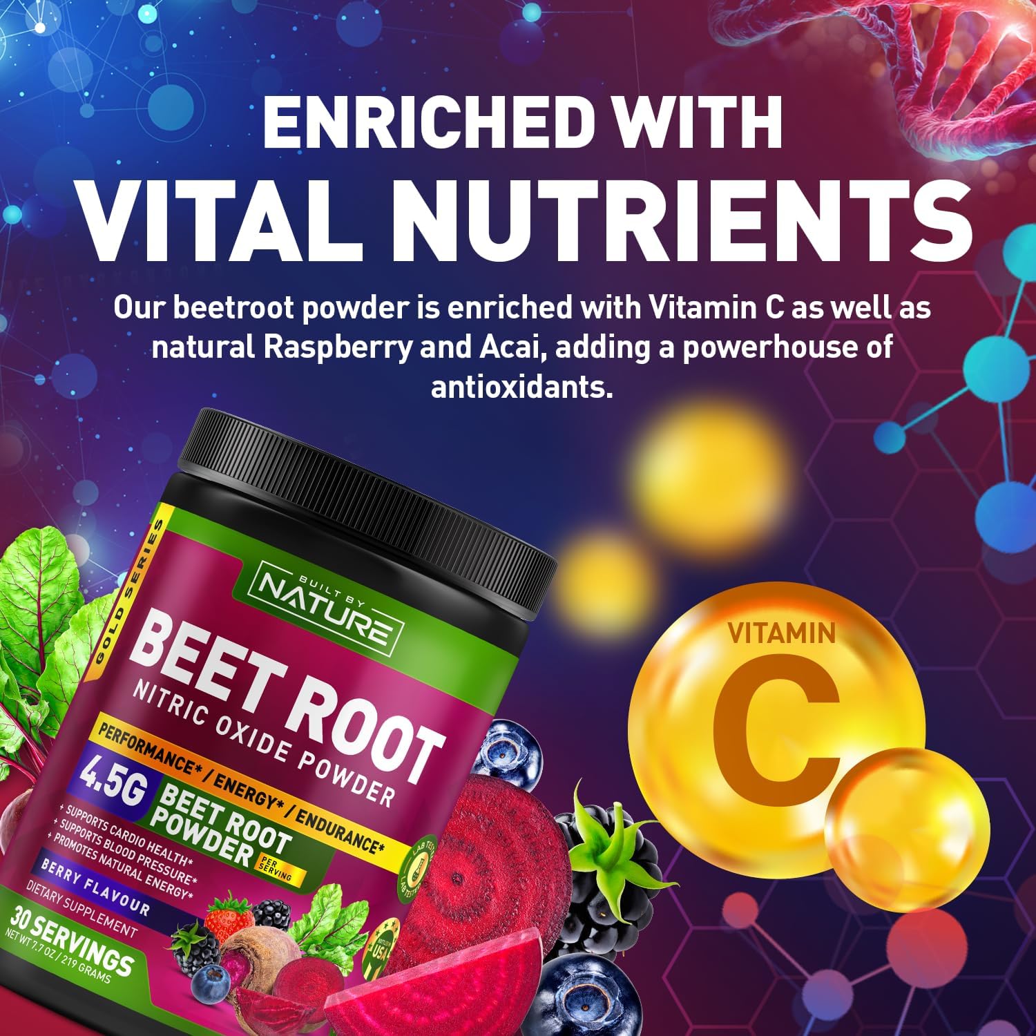 Organic Beet Root Nitric Oxide Powder Supplement - Vegan Superfood Booster for Circulation, Energy & Heart Health - Berry Flavor - 30 Servings - Espot.com.au