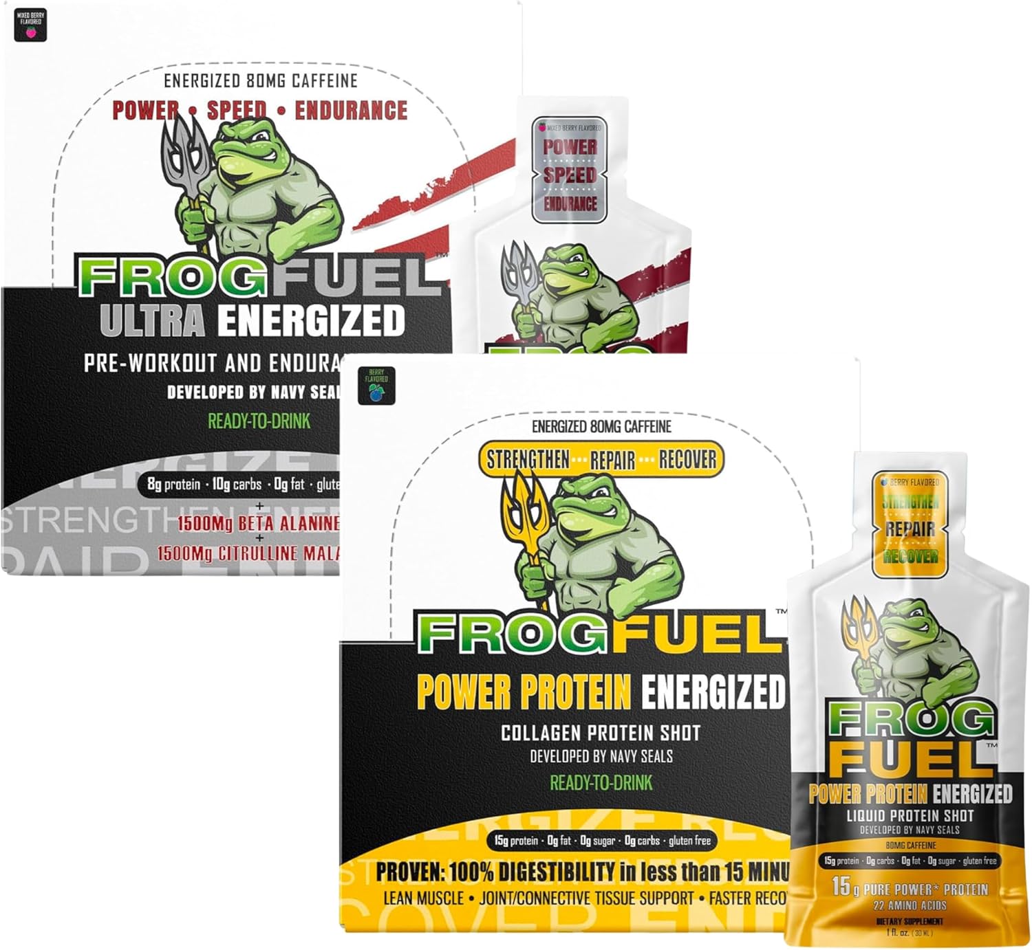 Bundle: Frog Fuel Power Protein & Pre Workout Shots, 1500mg Beta Alanine, 15g Collagen, Grass-Fed, 1.2 oz Packets, 48 Pack - Energized for Pre & Post Workout - Espot.com.au