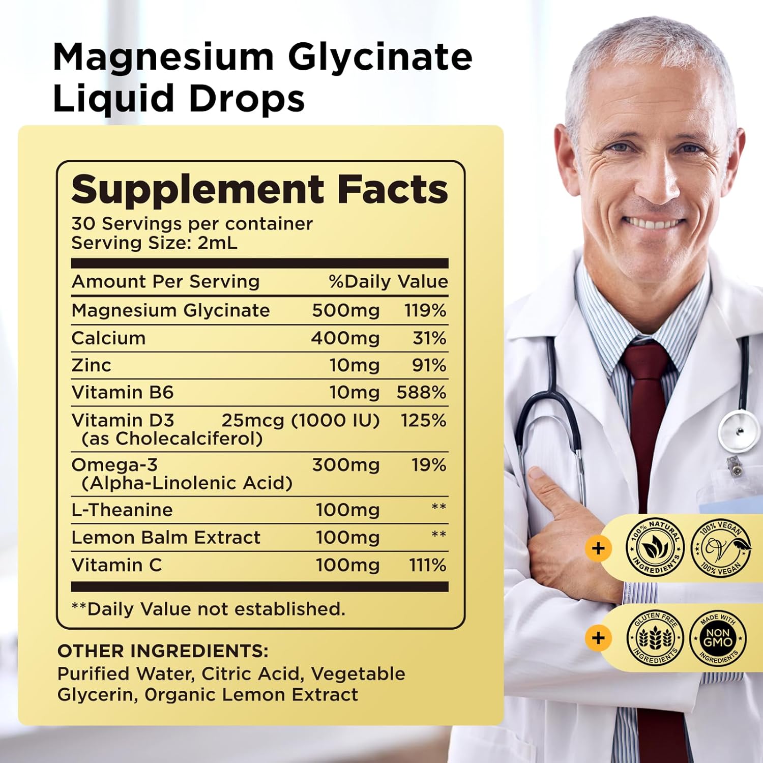 Magnesium Glycinate Liquid Drops 500mg with Calcium, Zinc, Vitamin B6, D3, L-Theanine, Omega 3 - Lemon Flavor Supplement for Sleep, Mood, Stress Relief, Bone, Muscle - Espot.com.au
