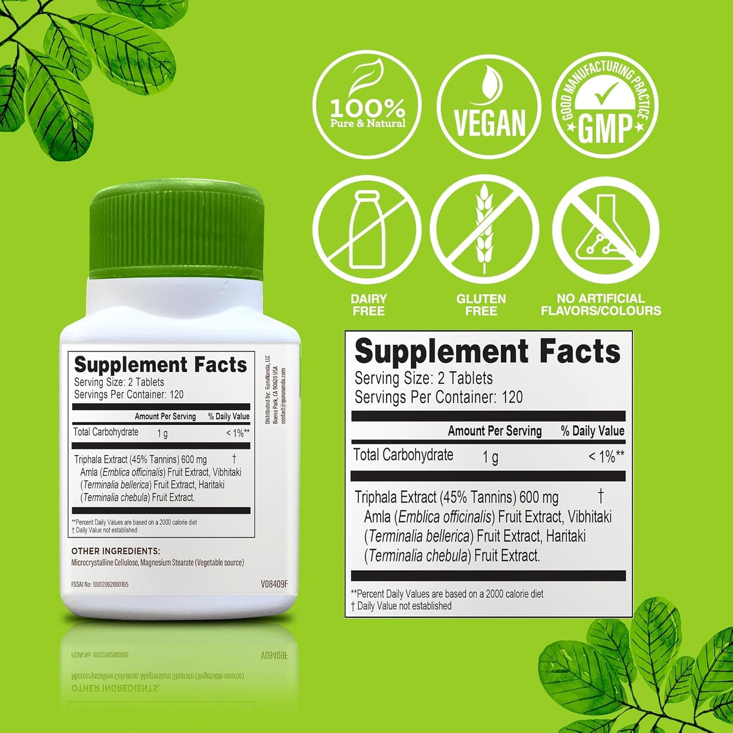 Digestive Support Tablets with Triphala Blend - 240 Count, Amla, Haritaki & Bibhitaki for Bloating & Constipation Relief, Natural Dietary Supplement by GuruNanda - Espot.com.au