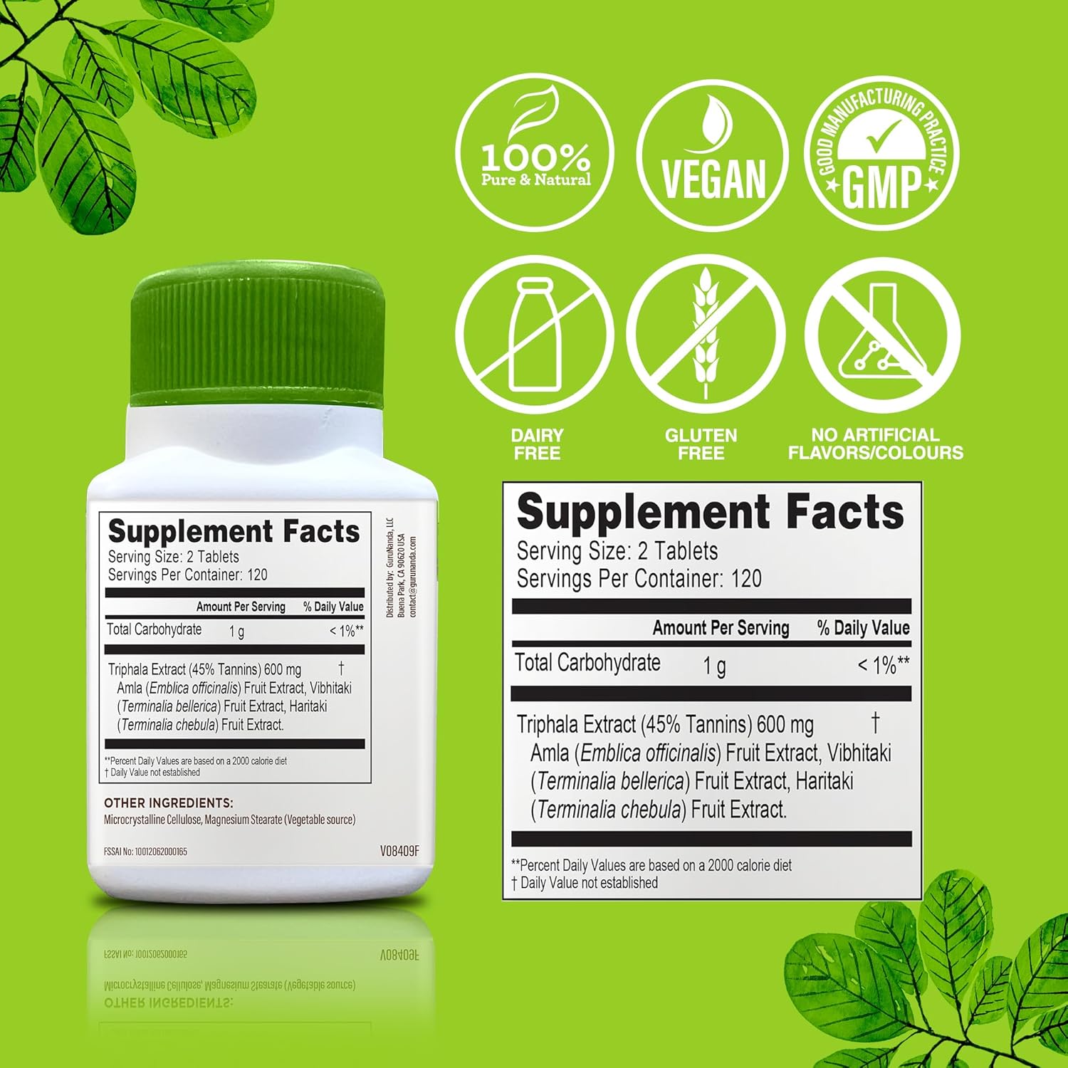 Digestive Support Tablets with Triphala Blend - 240 Count, Amla, Haritaki & Bibhitaki for Bloating & Constipation Relief, Natural Dietary Supplement by GuruNanda - Espot.com.au