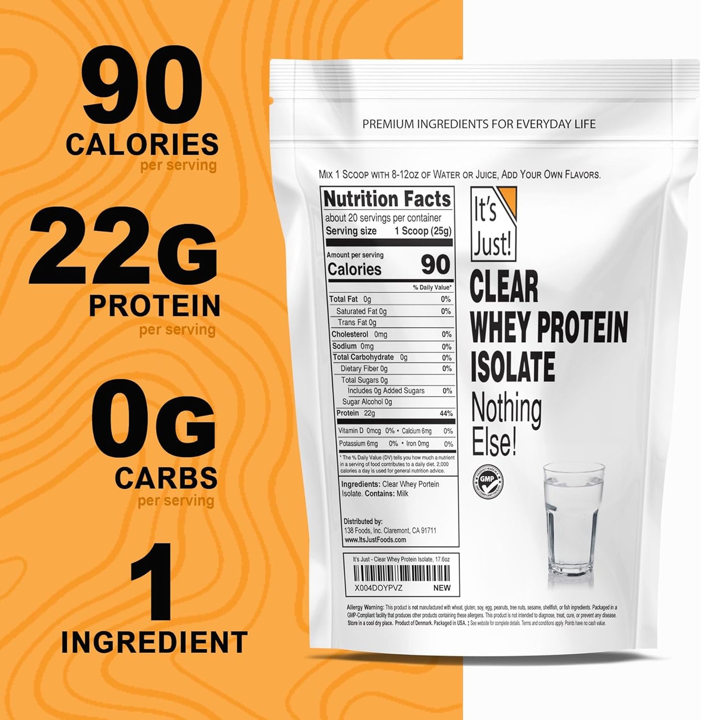 Clear Whey Isolate Protein Powder - 17.6oz (500g) WPI-90, Zero Carb, 20 Servings, No Added Flavors, Ultra Premium Danish Product with Naturally Sour Taste - Espot.com.au