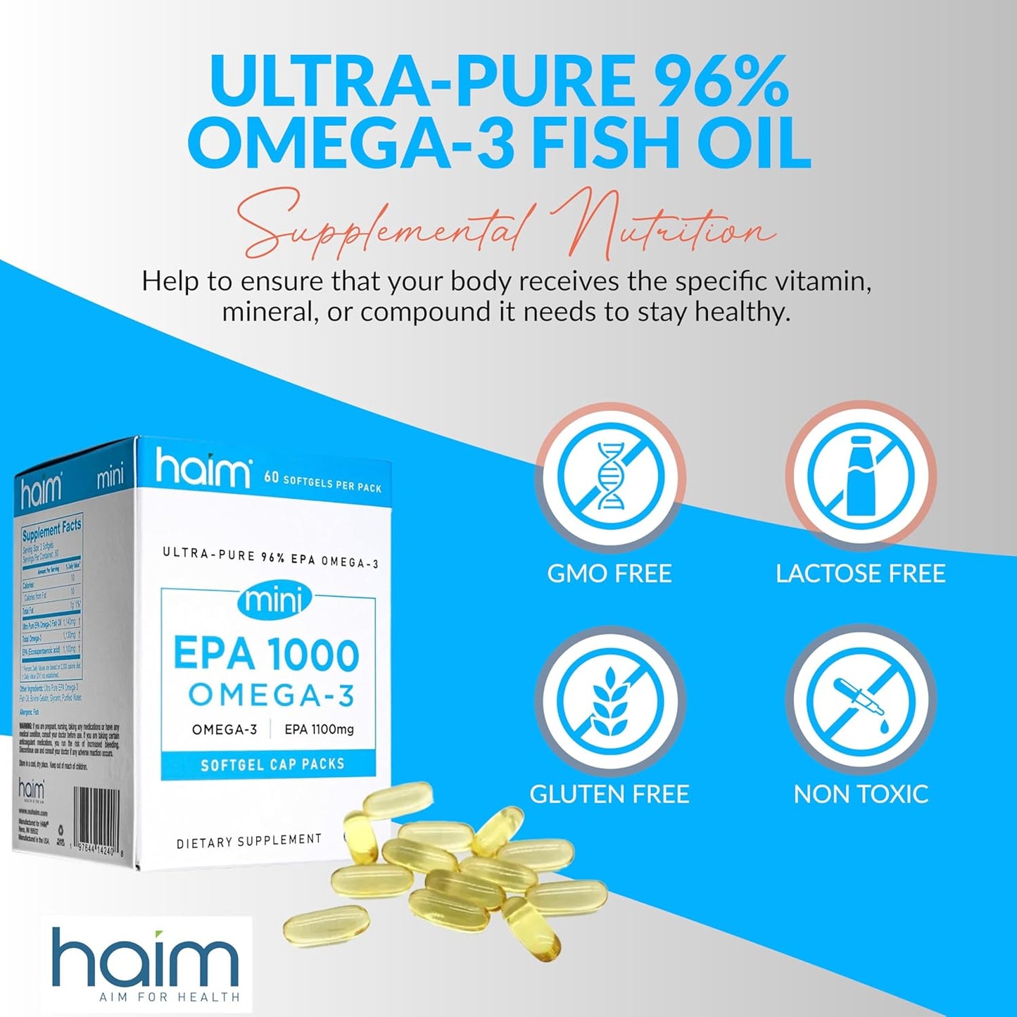 Ultra Pure EPA 1000mg Mini Softgels - Heart, Joint, & Mood Support - Burpless Fish Oil Supplement for Overall Health - 60 Mini Softgels - Espot.com.au