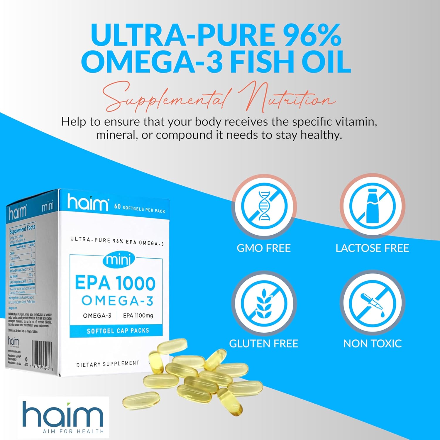 Ultra Pure EPA 1000mg Mini Softgels - Heart, Joint, & Mood Support - Burpless Fish Oil Supplement for Overall Health - 60 Mini Softgels - Espot.com.au