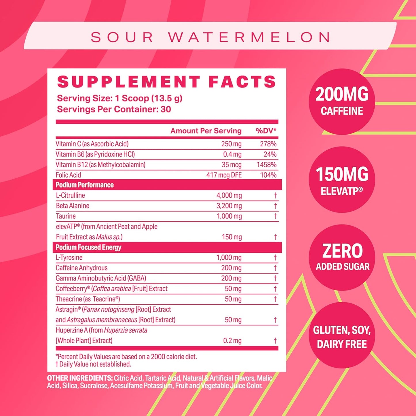 30 Servings Sour Watermelon Pre-Workout Powder with Beta Alanine and Caffeine for Energy - Gluten, Soy, and Dairy Free by Podium Nutrition - Espot.com.au
