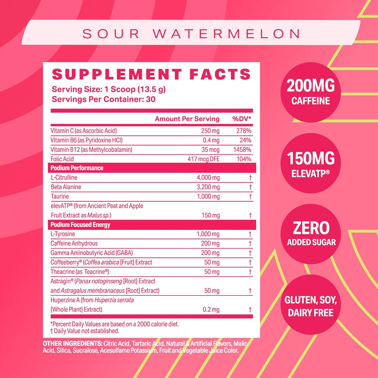 30 Servings Sour Watermelon Pre-Workout Powder with Beta Alanine and Caffeine for Energy - Gluten, Soy, and Dairy Free by Podium Nutrition - Espot.com.au