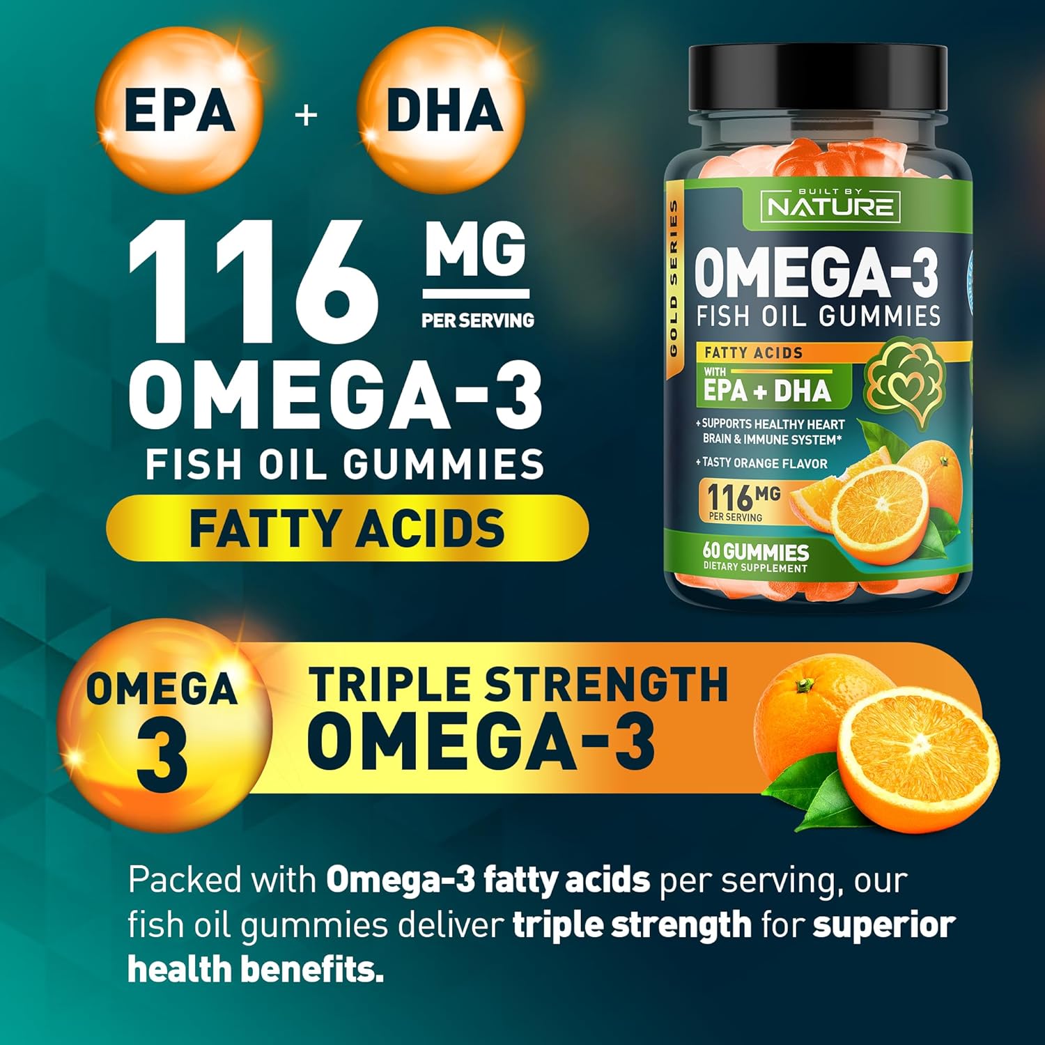 Triple Strength Omega 3 Fish Oil Gummies with EPA & DHA, 60 Gummies - Supports Heart, Brain & Immune System - Natural, Burpless Formula - 30 Day Supply - Made from Wild Fish - Espot.com.au