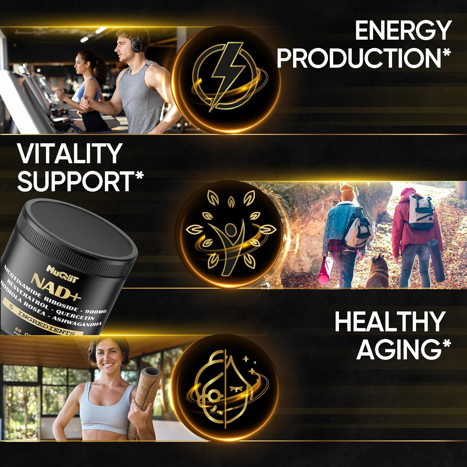 NUQIIT NAD+ Supplement 900mg with Resveratrol, Quercetin, Turmeric, Rhodiola Rosea - Cellular Energy & Repair for Vitality and Healthy Aging - 60 Count - Espot.com.au