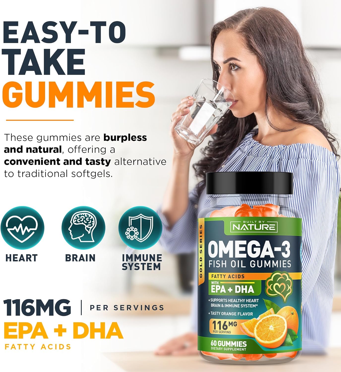 Triple Strength Omega 3 Fish Oil Gummies with EPA & DHA, 60 Gummies - Supports Heart, Brain & Immune System - Natural, Burpless Formula - 30 Day Supply - Made from Wild Fish - Espot.com.au