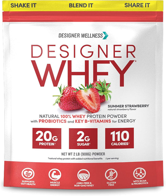 Natural Designer Whey Protein Powder with Probiotics, Fiber, and B-Vitamins - Gluten-Free Summer Strawberry Flavor - 2 lb Jar - Espot.com.au
