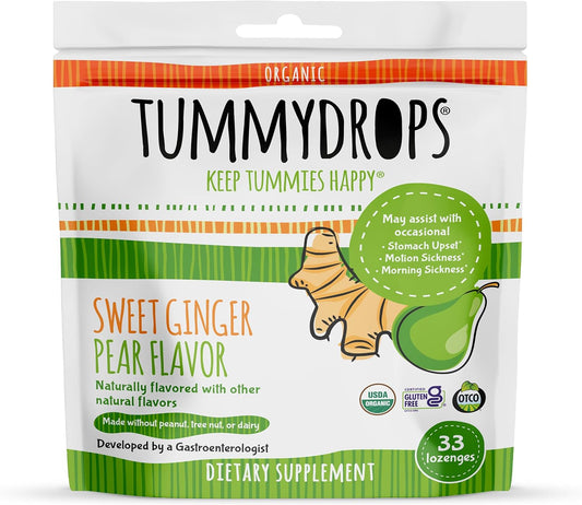 Organic Sweet Ginger Pear Tummydrops - 33 Individually Wrapped Lozenges, Gluten-Free & Vegan - Resealable Bag Included - Espot.com.au