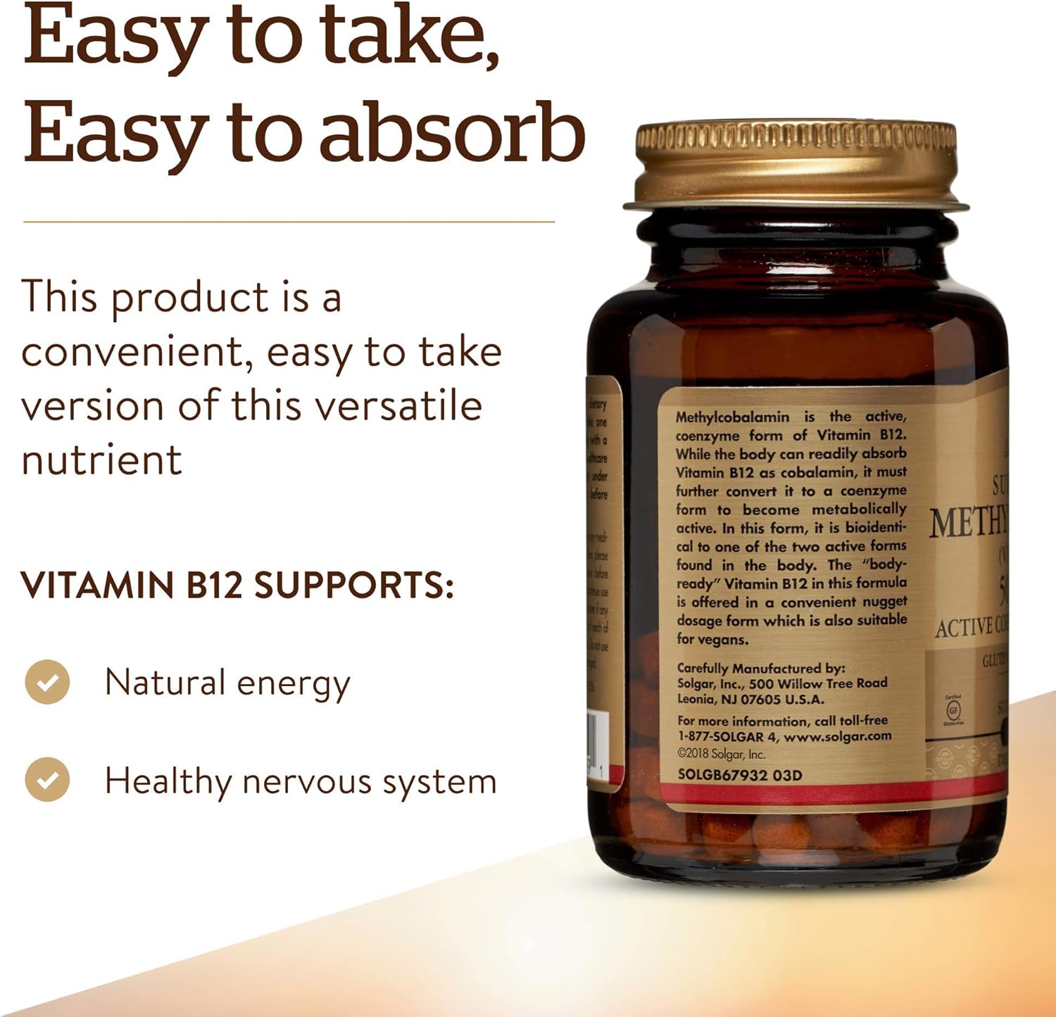 Solgar Methylcobalamin B12 5000 mcg Nuggets - Energy Support, Active B12 Form, Non-GMO, Vegan, Gluten & Dairy Free - 60 Count - Espot.com.au