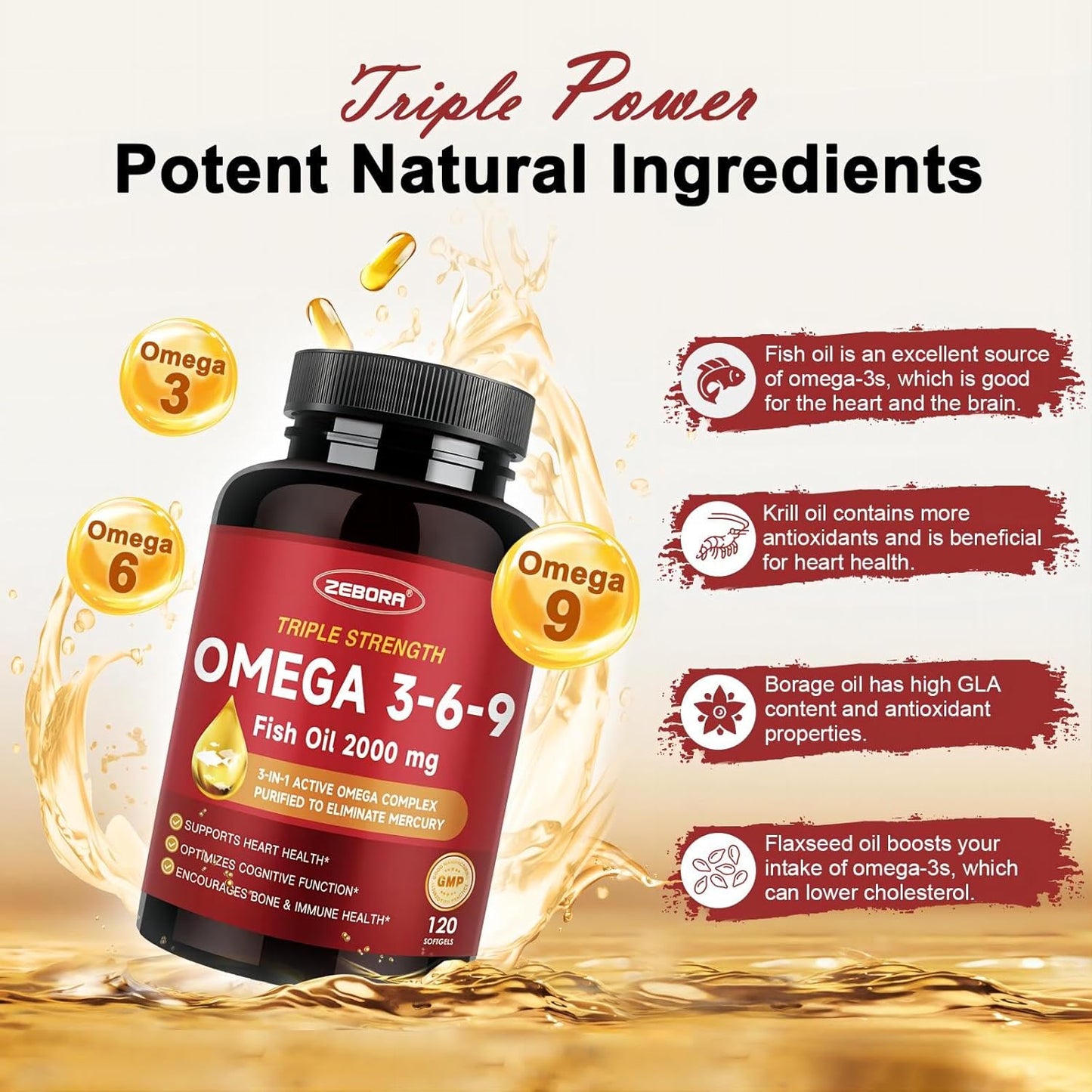 High Potency ZEBORA Triple Omega 3-6-9 Fish Oil 2000mg with Vitamin D3 & Astaxanthin - Supports Heart, Brain, and Immune Health - Includes Flaxseed & Borage - 60 Servings - Espot.com.au