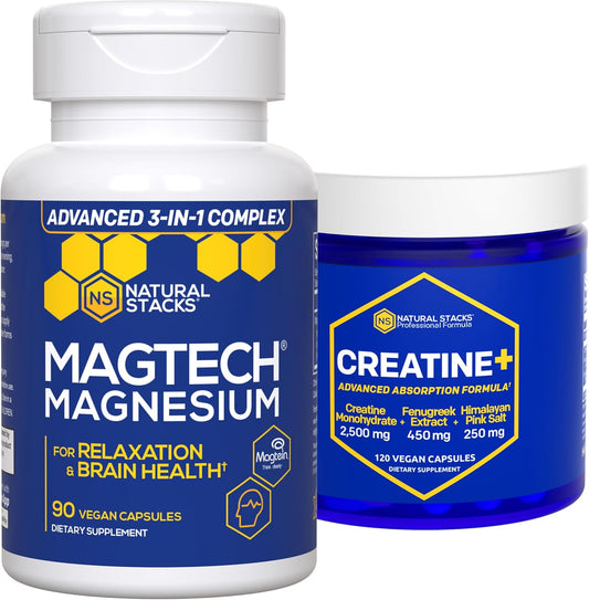 MagTech Magnesium and Creatine Monohydrate Bundle - Chelated Magnesium Complex for Brain Health and Strength - 210 Capsules - Espot.com.au