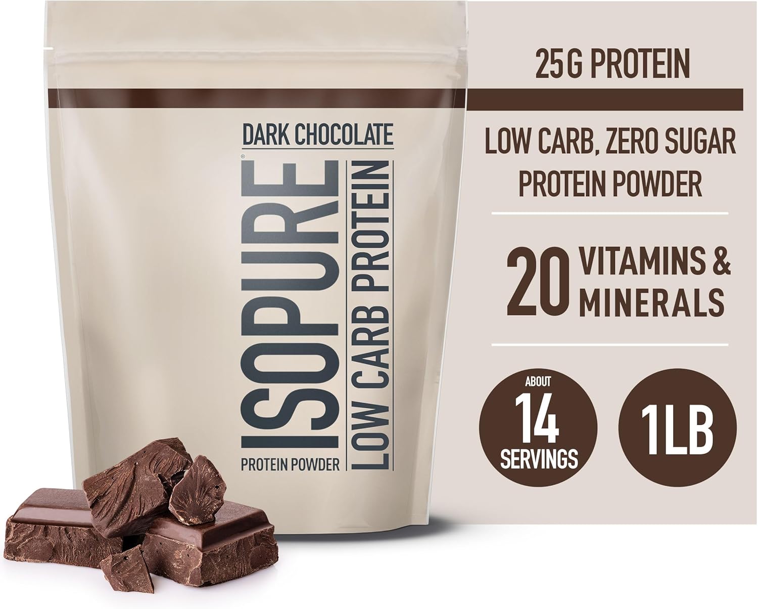 Isopure Low Carb Whey Isolate Protein Powder - Dark Chocolate Flavor - 25g Protein Per Serving - 1 Lb - Gluten & Lactose Free - With Vitamins - 14 Servings - Espot.com.au