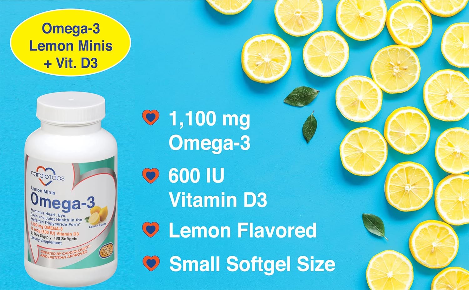 CardioTabs Omega-3 Lemon Minis with Vitamin D3 - 1,100mg Omega-3 & 600 IU Vitamin D3 Softgels - 180 Count - Easy-to-Swallow Lemon-Flavored Supplement - Espot.com.au