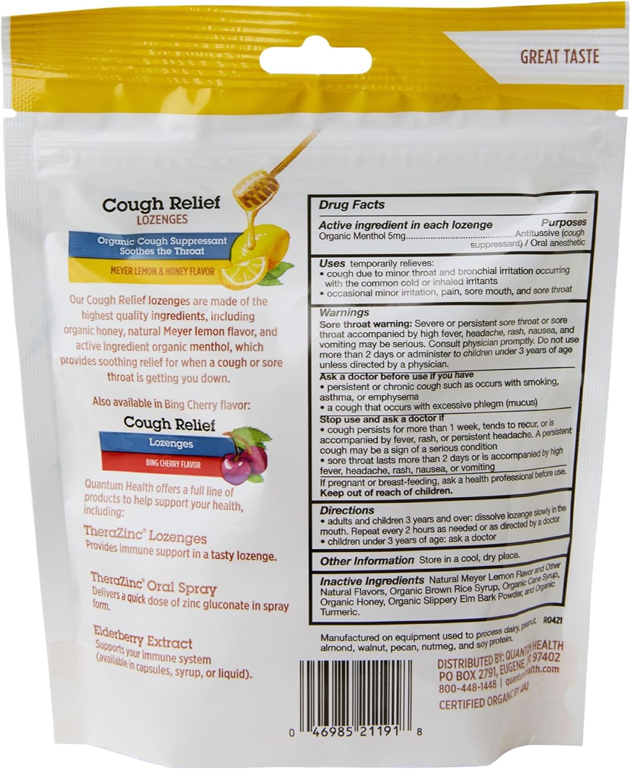 Organic Meyer Lemon & Honey Cough Relief Lozenges with Natural Menthol - 18 Ct Bag - Light Yellow - Quantum Health - Espot.com.au