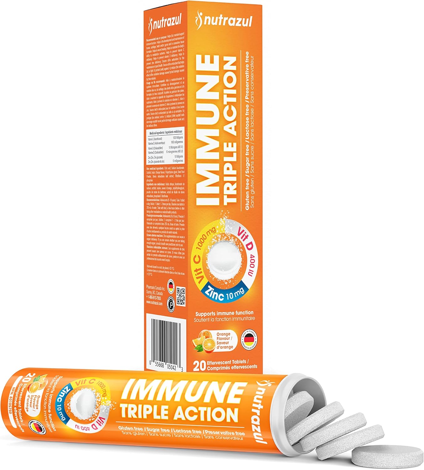 nutrazul Immune Triple Action Effervescent Tablets with 1000mg Vitamin C, Vitamin D, and Zinc - Orange Flavor - Pack of 60 - Gluten, Sugar, Lactose, and Preservative Free - Supports Immune Function - Espot.com.au