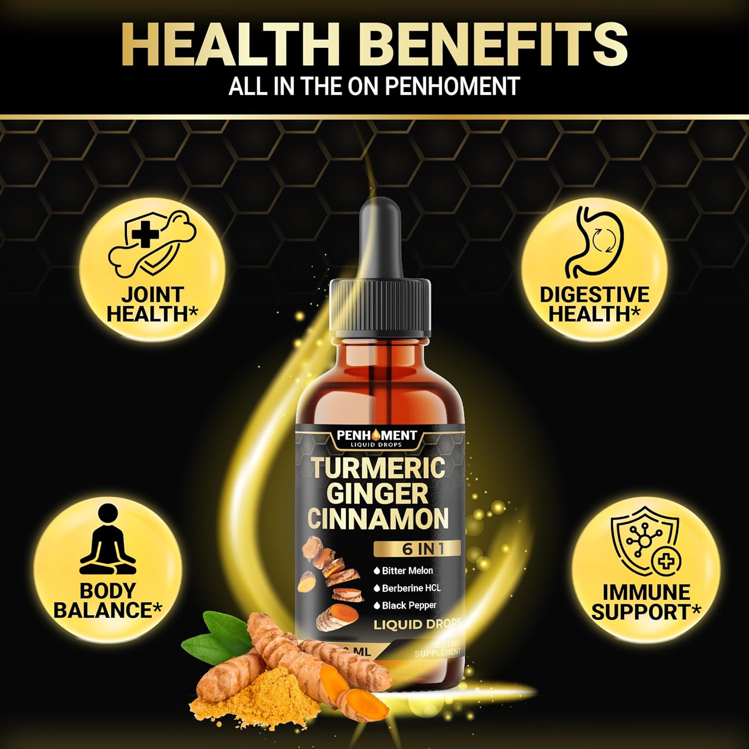 Premium 6-in-1 Liquid Turmeric Curcumin Supplement with Ginger, Berberine, Ceylon Cinnamon, Bitter Melon & Black Pepper - Joint Support Drops - 2FL oz - 60 Servings - Espot.com.au