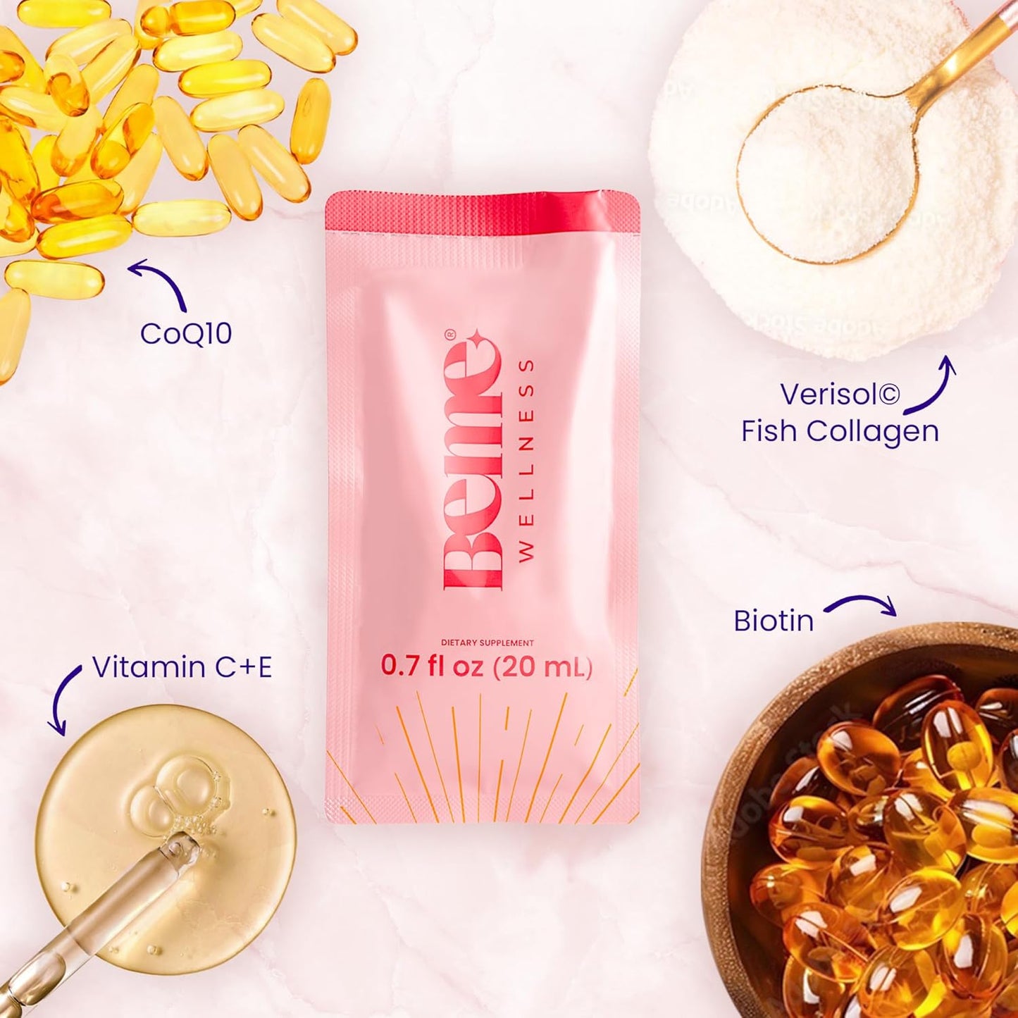 BeMe Liquid Collagen Peach Flavor Shots - 2,500mg Marine Collagen, Hydrolyzed Peptides, Biotin, CoQ10, Vitamin C & E for Hair, Nails, Skin - Women's Health Supplement, 15 Packets - Espot.com.au