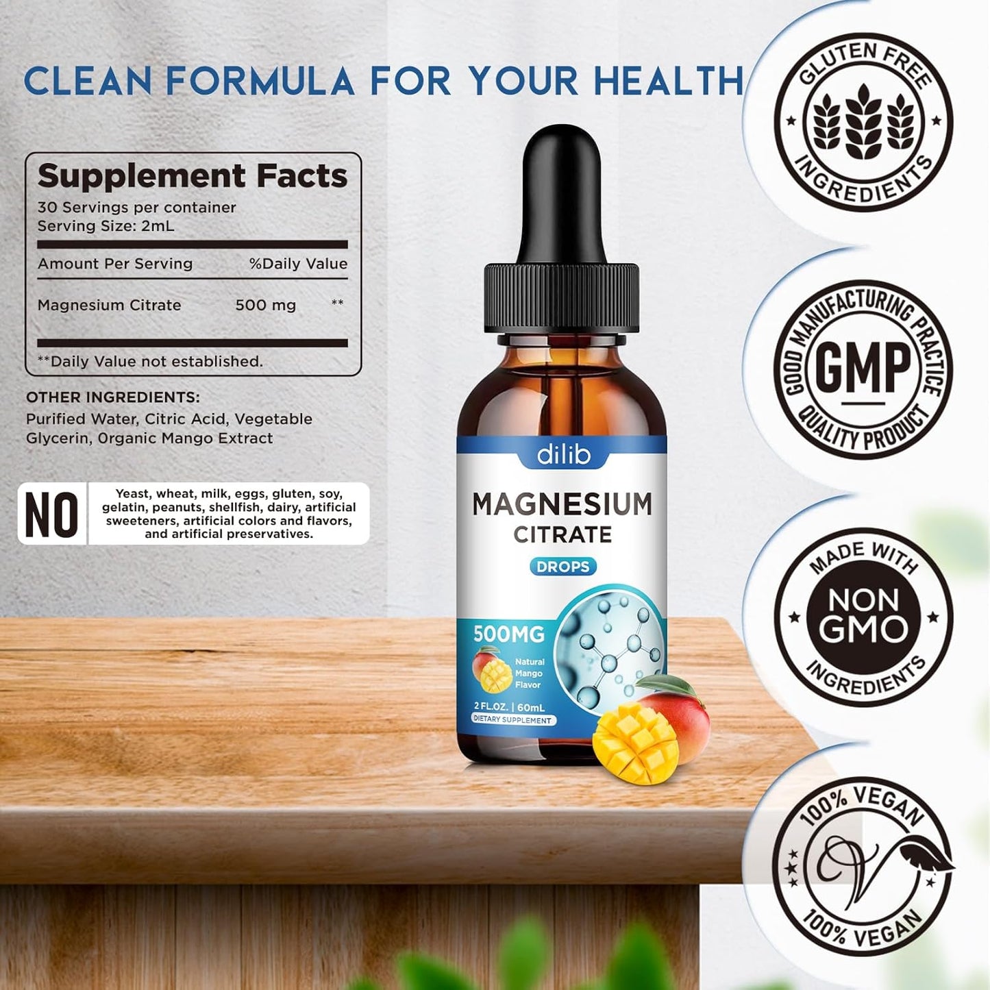 500mg Magnesium Citrate Liquid Drops Supplement for Stress Relief, Bone & Muscle Support, Sleep Aid - 2 Fl Oz Vegan Mango Flavor - Espot.com.au