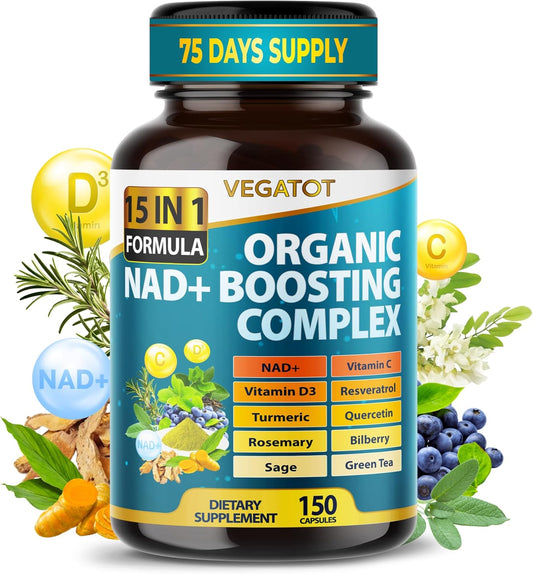 VEGATOT NAD+ Boosting Complex - 15-in-1 NAD Supplement with Resveratrol, Turmeric, Quercetin, for Men and Women - Espot.com.au