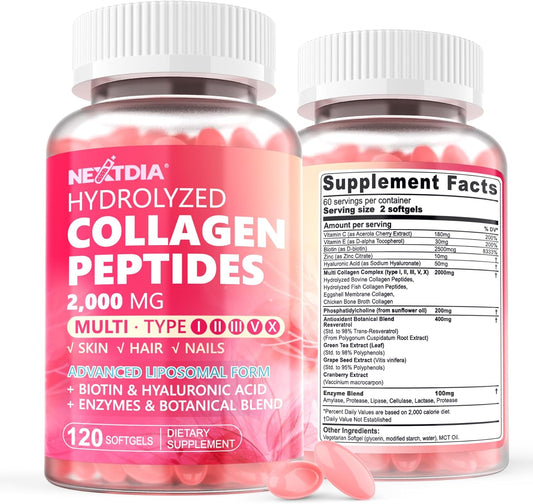 nextdia-liposomal-collagen-peptides-pills-for-women-2000mg---2-pack-with-multi-hydrolyzed-collagen-type-i-ii-iii-v-x-2500mcg-biotin---hair-skin-nails-vitamins---240-softgel-supplements-1
