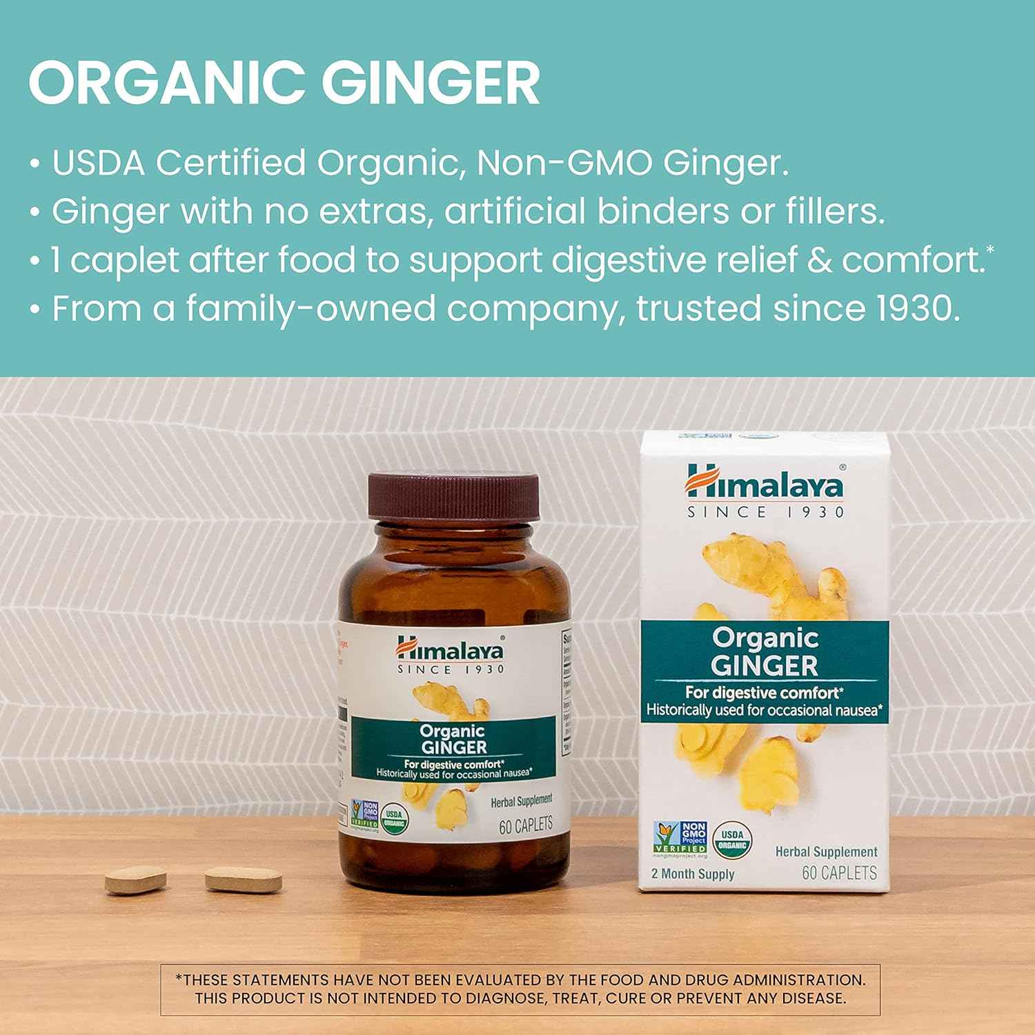 Organic Himalaya Ginger Supplement for Nausea, Gas, Upset Stomach - 60 Caplets, 2 Month Supply - Equivalent to 4,766 mg Ginger Powder - Natural Relief