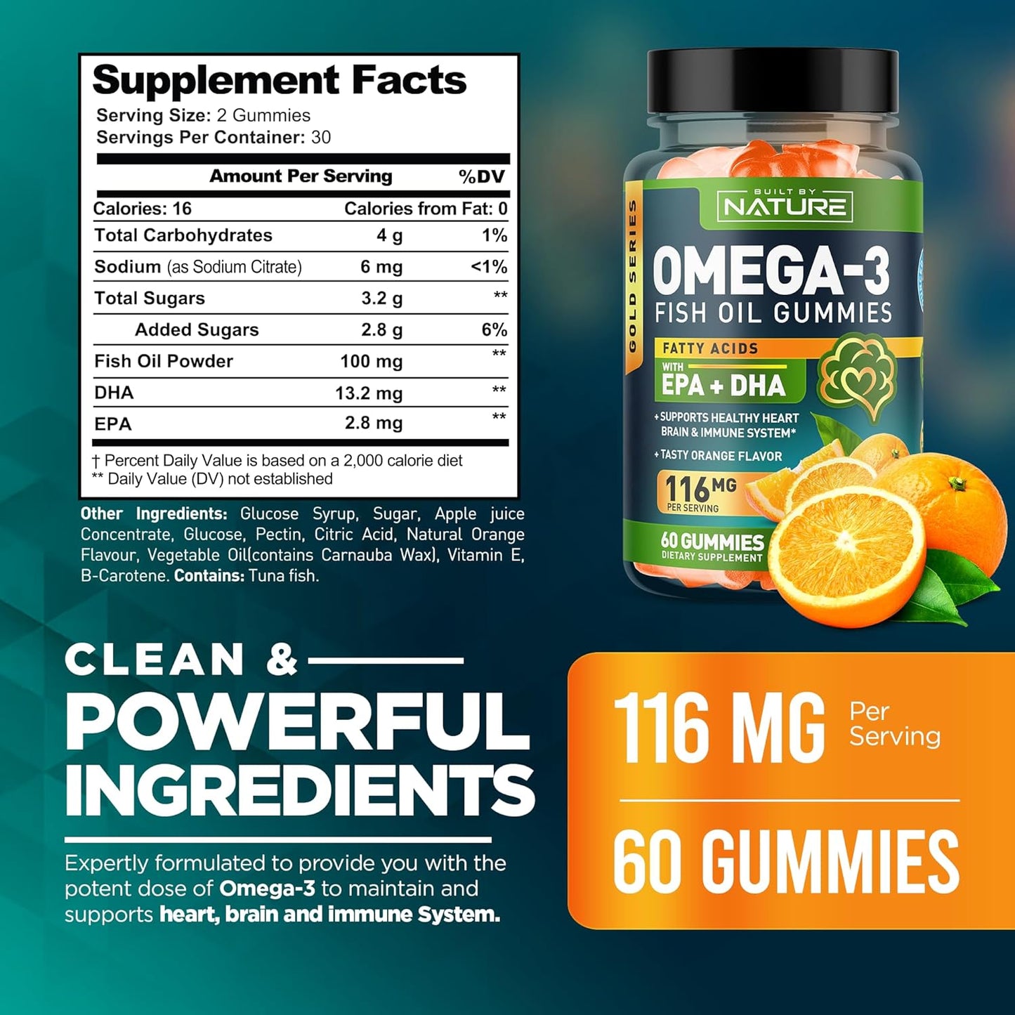 Triple Strength Omega 3 Fish Oil Gummies with EPA & DHA, 60 Gummies - Supports Heart, Brain & Immune System - Natural, Burpless Formula - 30 Day Supply - Made from Wild Fish - Espot.com.au