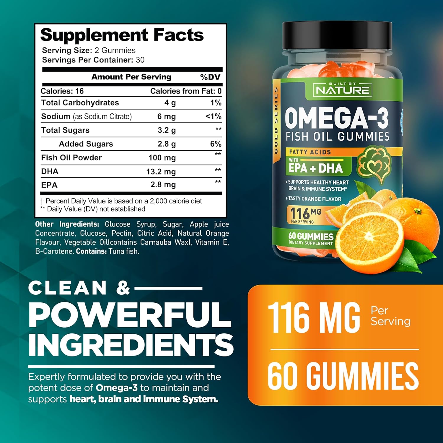 Triple Strength Omega 3 Fish Oil Gummies with EPA & DHA, 60 Gummies - Supports Heart, Brain & Immune System - Natural, Burpless Formula - 30 Day Supply - Made from Wild Fish - Espot.com.au