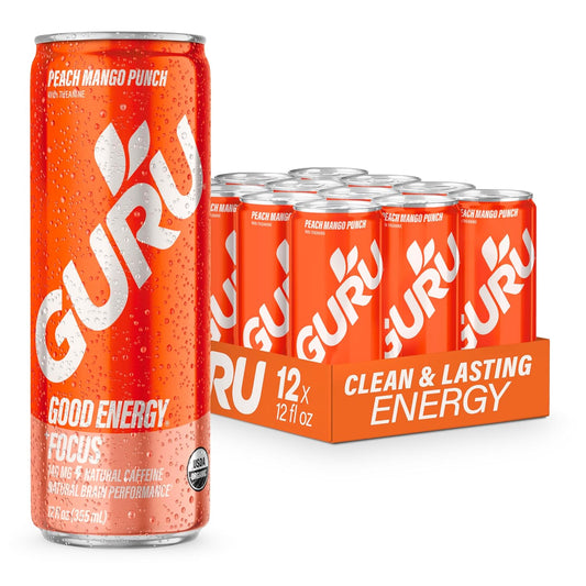 Organic Peach Mango Punch Energy Drink with Natural Caffeine and L-Theanine, Gluten Free and Vegan - 12oz (Pack of 12) - Espot.com.au