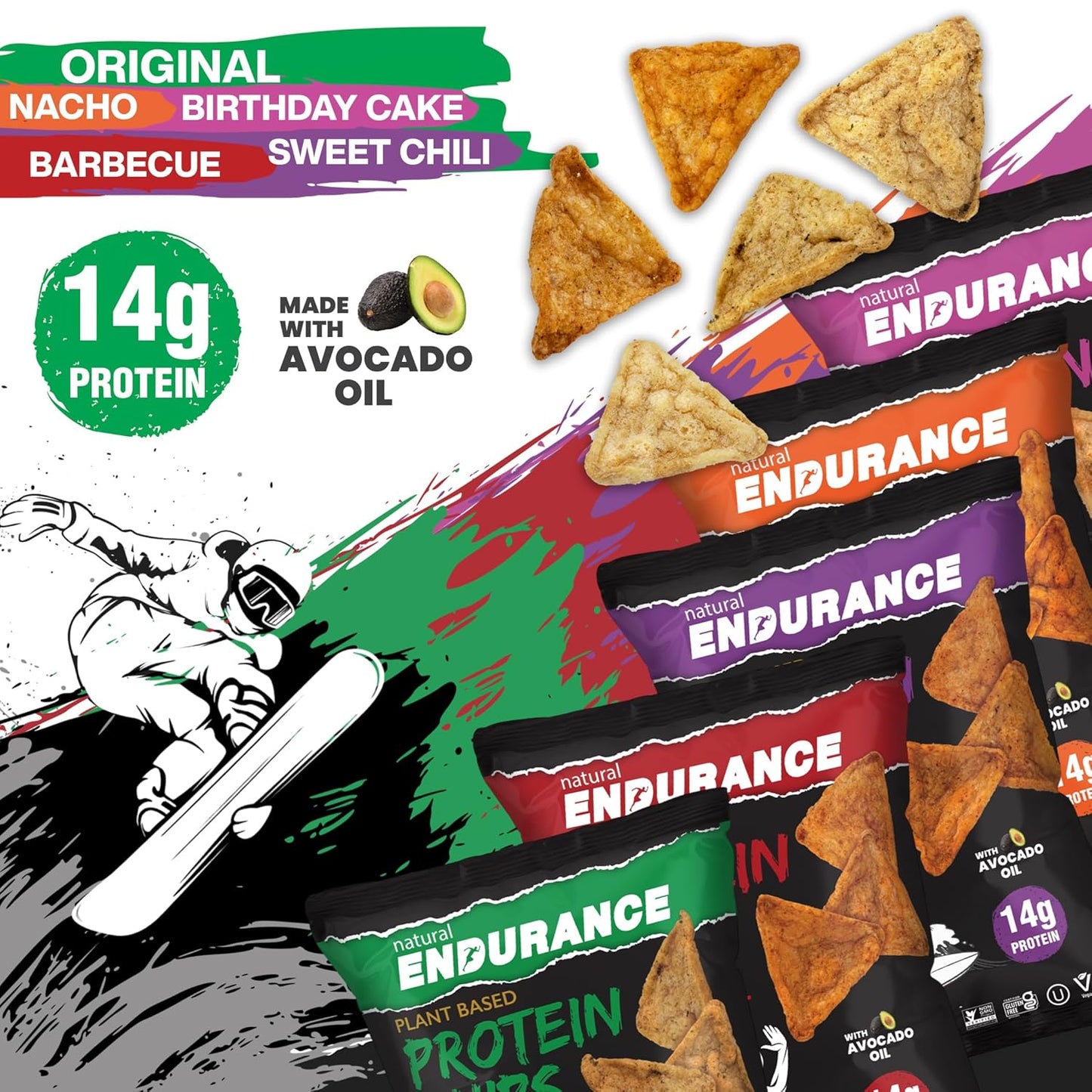 variety-pack-of-natural-endurance-protein-chips---low-carb-high-protein-vegan-snack-with-avocado-oil---nacho-bbq-chili-birthday-cake-original-flavors---gluten-free-14g-protein-per-bag---138-oz-bags-pack-of-12-4