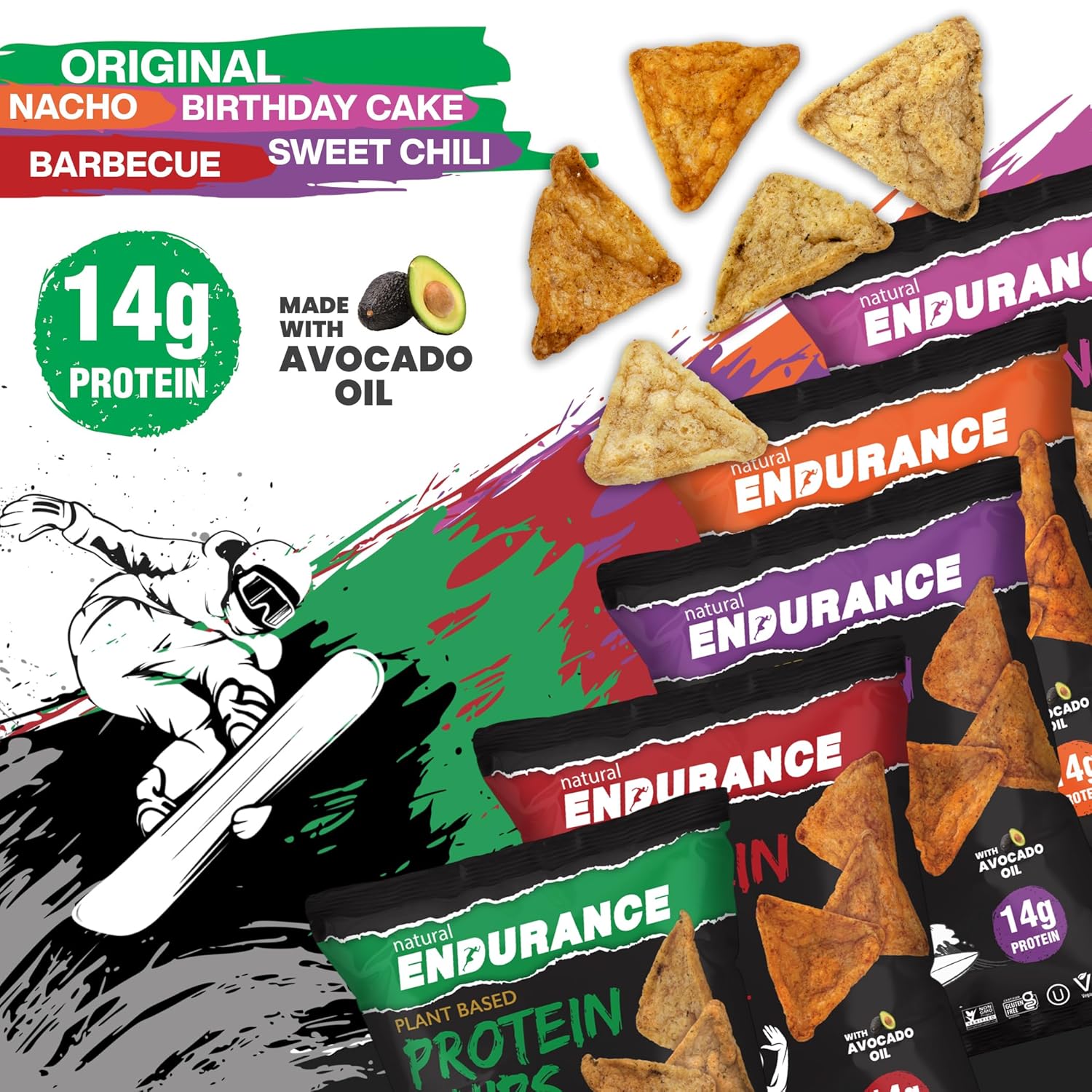 variety-pack-of-natural-endurance-protein-chips---low-carb-high-protein-vegan-snack-with-avocado-oil---nacho-bbq-chili-birthday-cake-original-flavors---gluten-free-14g-protein-per-bag---138-oz-bags-pack-of-12-4