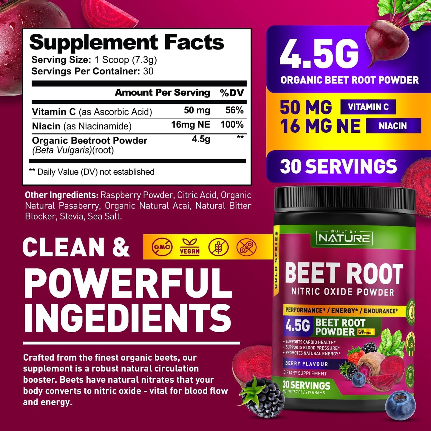 Organic Beet Root Nitric Oxide Powder Supplement - Vegan Superfood Booster for Circulation, Energy & Heart Health - Berry Flavor - 30 Servings - Espot.com.au