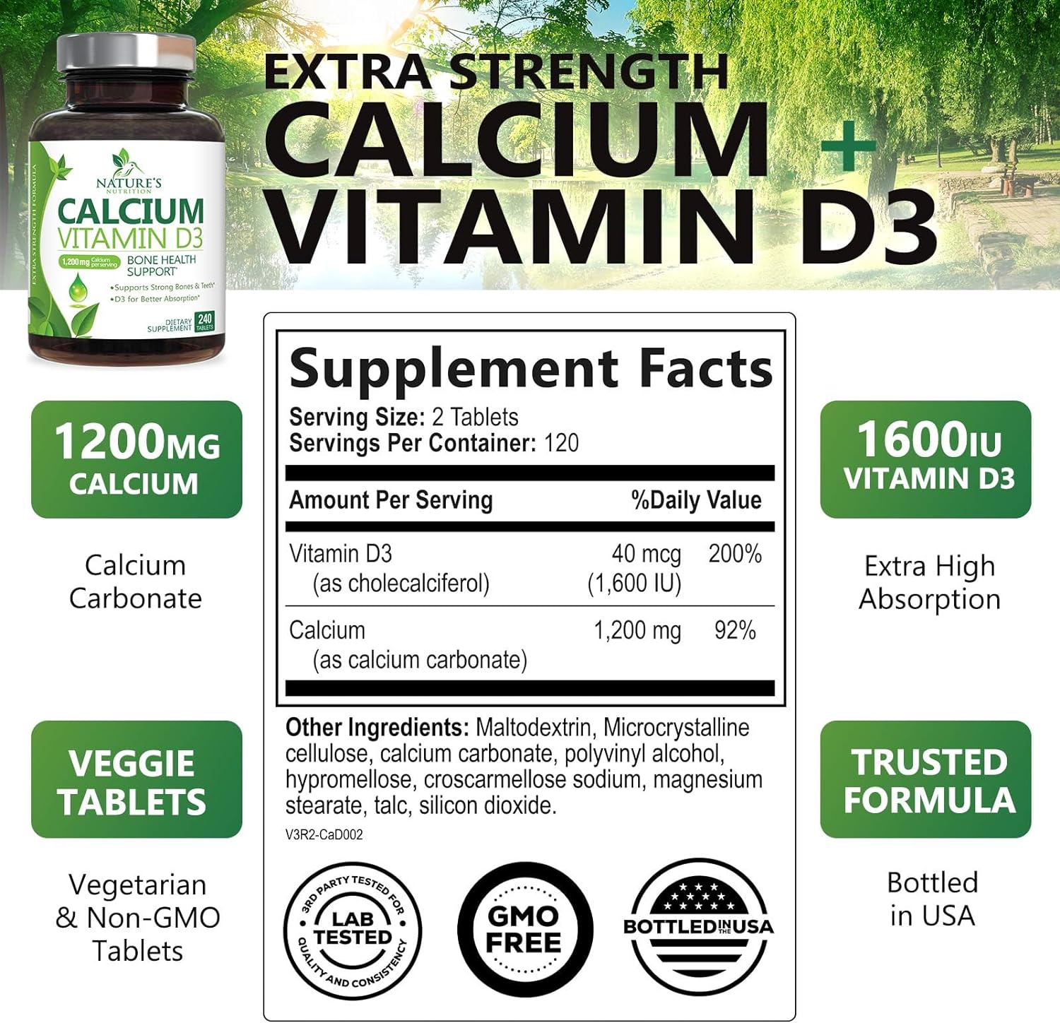 High Potency Calcium 1200mg with Vitamin D3 - 240 Tablets, Bone & Teeth Support, Immune System Boost, Absorbable Calcium Supplement for Men & Women - Espot.com.au
