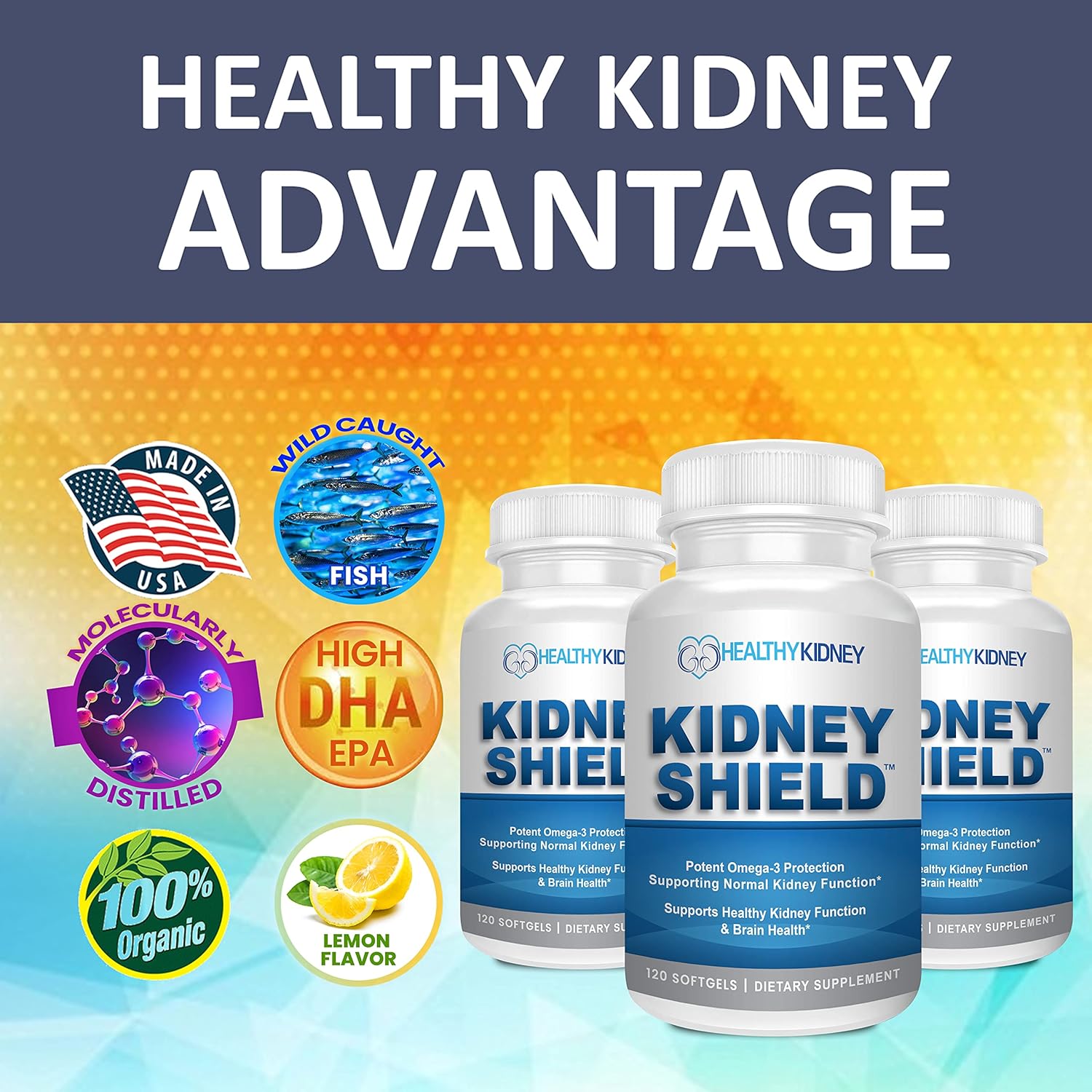 Kidney Shield Omega 3 Fish Oil Supplements for Kidney Health - Supports Normal Function & Cleanse Detox - 120 Lemon Softgels - Espot.com.au