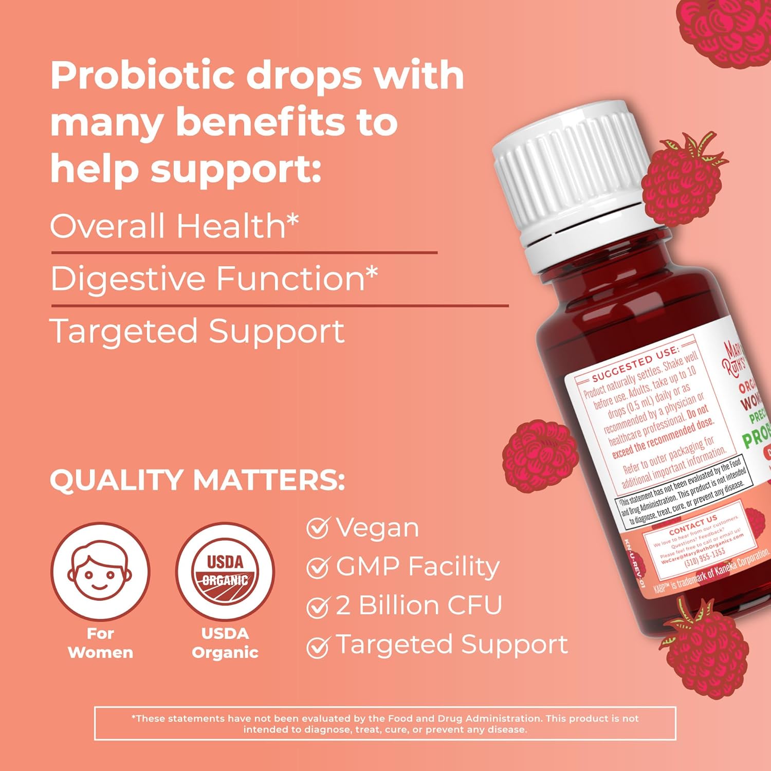 Organic Precision Probiotic & Elderberry Drops for Women - Raspberry & Blueberry | USDA Certified | Supports Gut Health, Immunity, Wellness | Vegan & Non-GMO - Espot.com.au