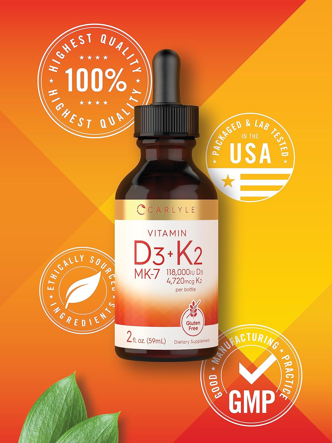 Carlyle Vitamin D3 K2 Drops 2 Fl Oz MK-7 Supplement Vegetarian Non-GMO Gluten Free - Espot.com.au
