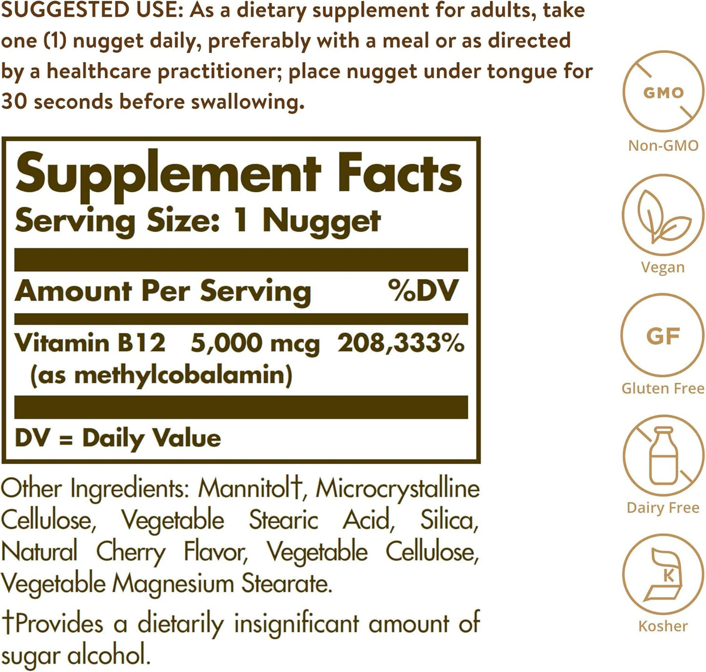 Solgar Methylcobalamin B12 5000 mcg Nuggets - Energy Support, Active B12 Form, Non-GMO, Vegan, Gluten & Dairy Free - 60 Count - Espot.com.au