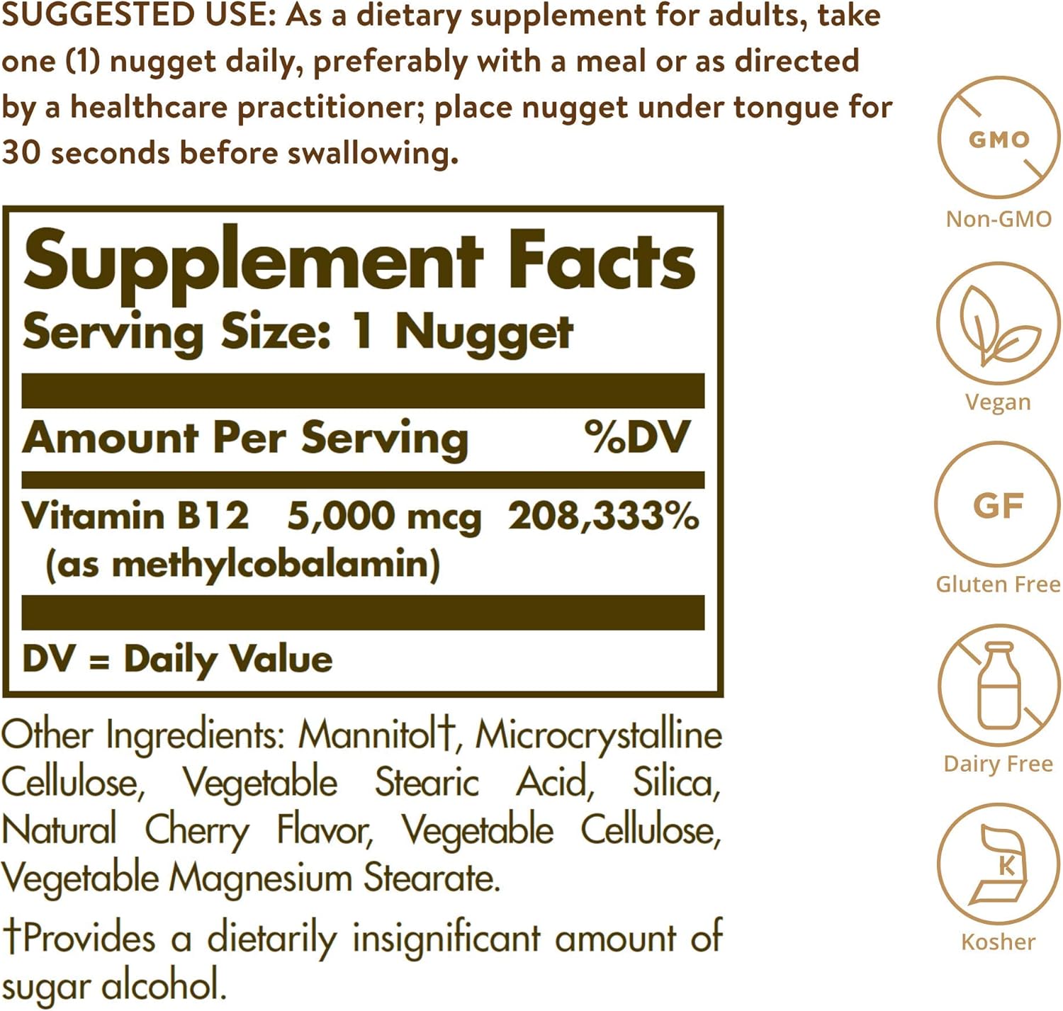 Solgar Methylcobalamin B12 5000 mcg Nuggets - Energy Support, Active B12 Form, Non-GMO, Vegan, Gluten & Dairy Free - 60 Count - Espot.com.au