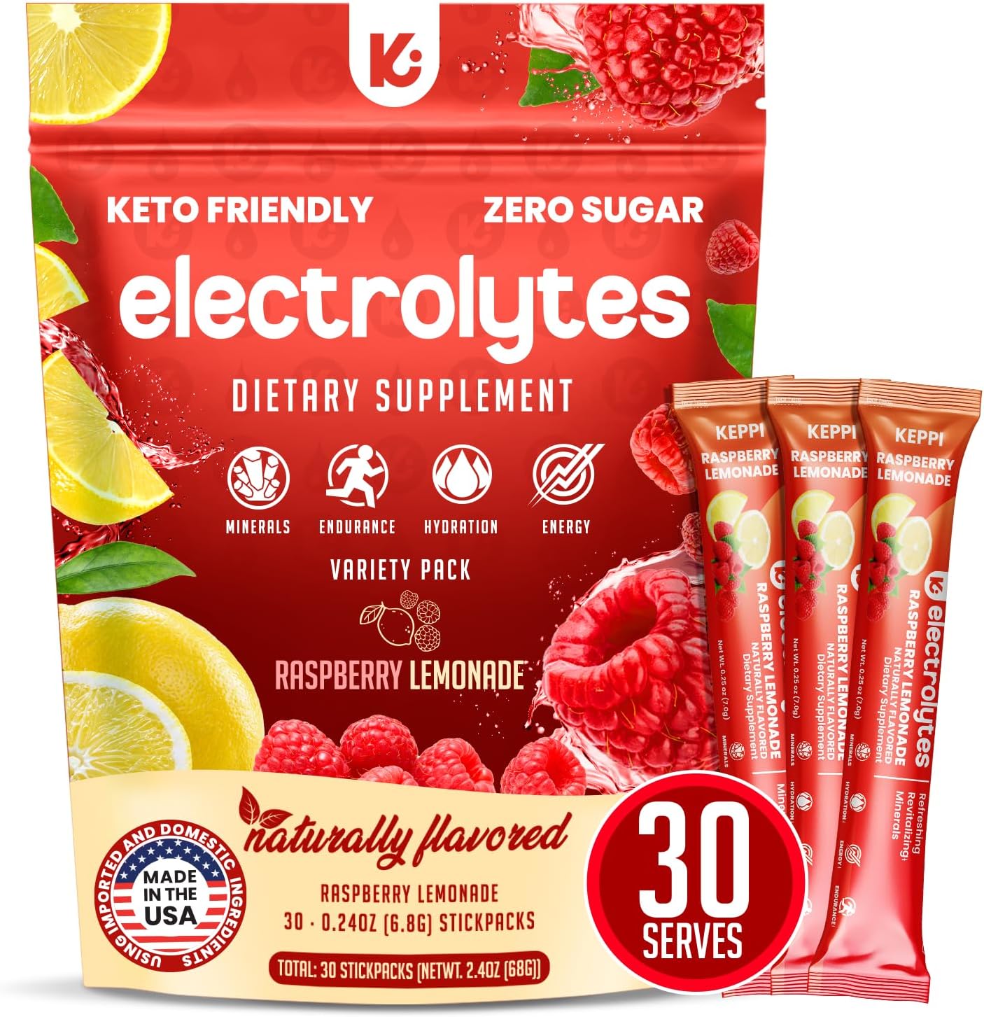 30 Servings Keppi Electrolyte Hydration Packets - USA-Made Sugar-Free Powder - Delicious Keto Mix - Easy-to-Mix Electrolyte Powder - Keto-Friendly Pack - Espot.com.au