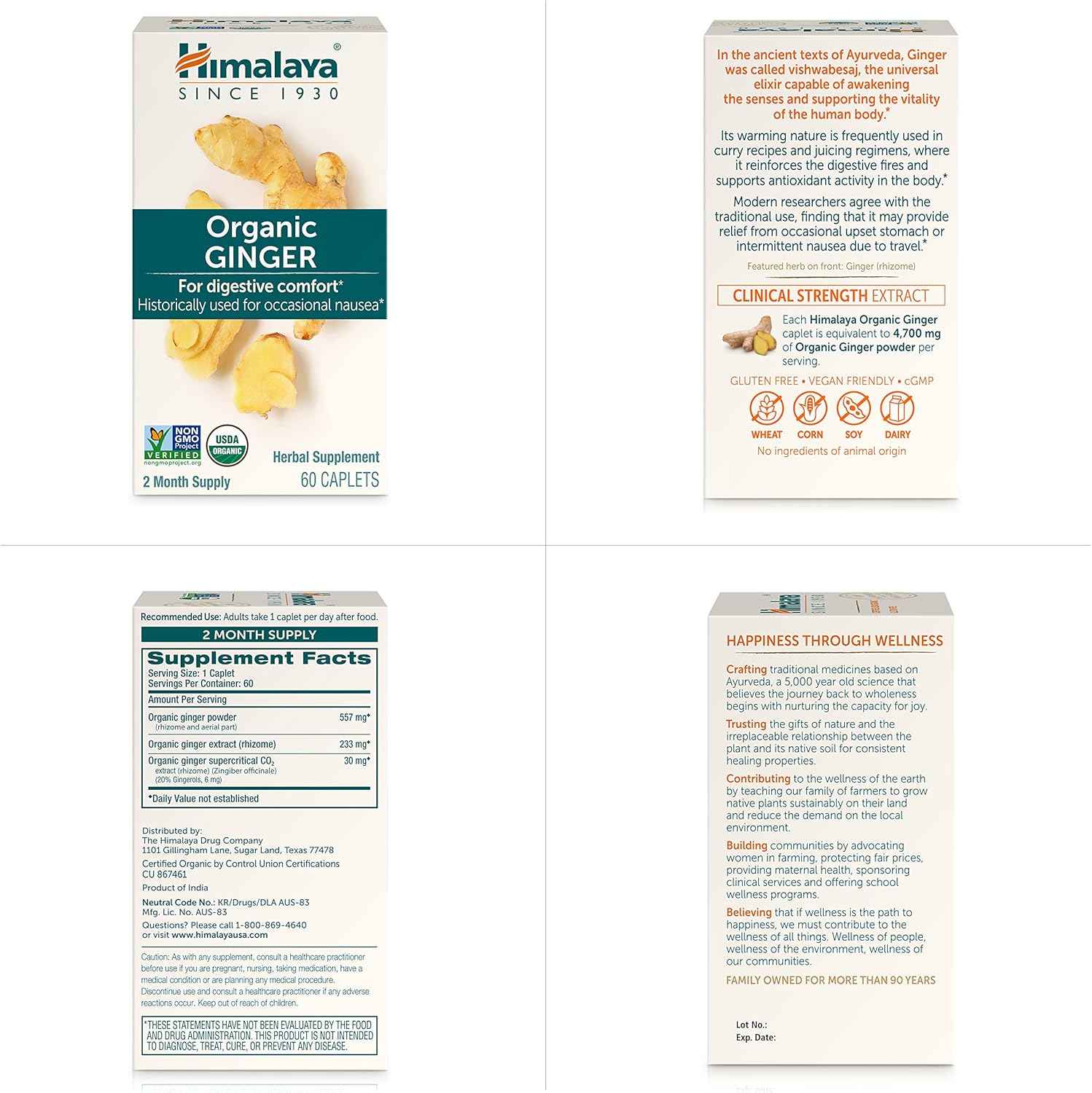 Organic Himalaya Ginger Supplement for Nausea, Gas, Upset Stomach - 60 Caplets, 2 Month Supply - Equivalent to 4,766 mg Ginger Powder - Natural Relief