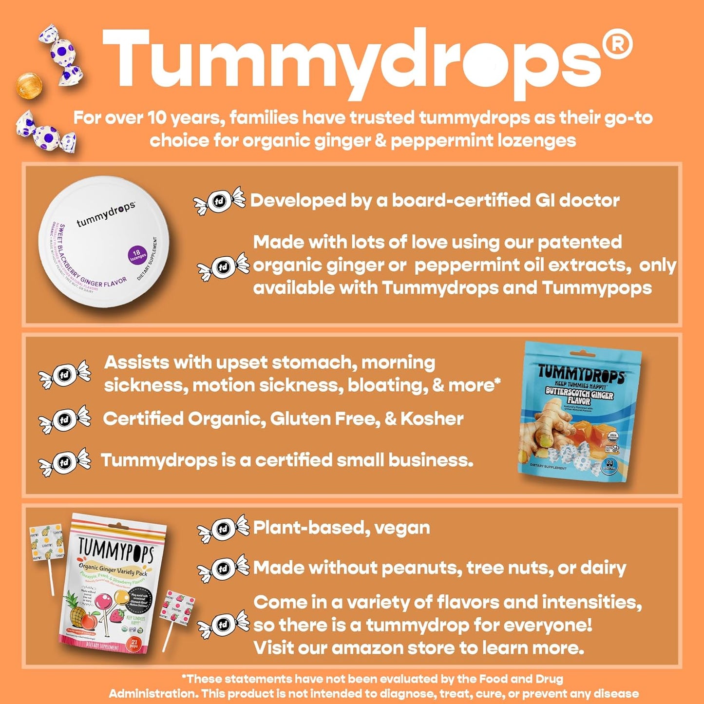 Organic Butterscotch Ginger Flavor Tummydrops - 33 Lozenges, Gluten Free & Vegan - Espot.com.au